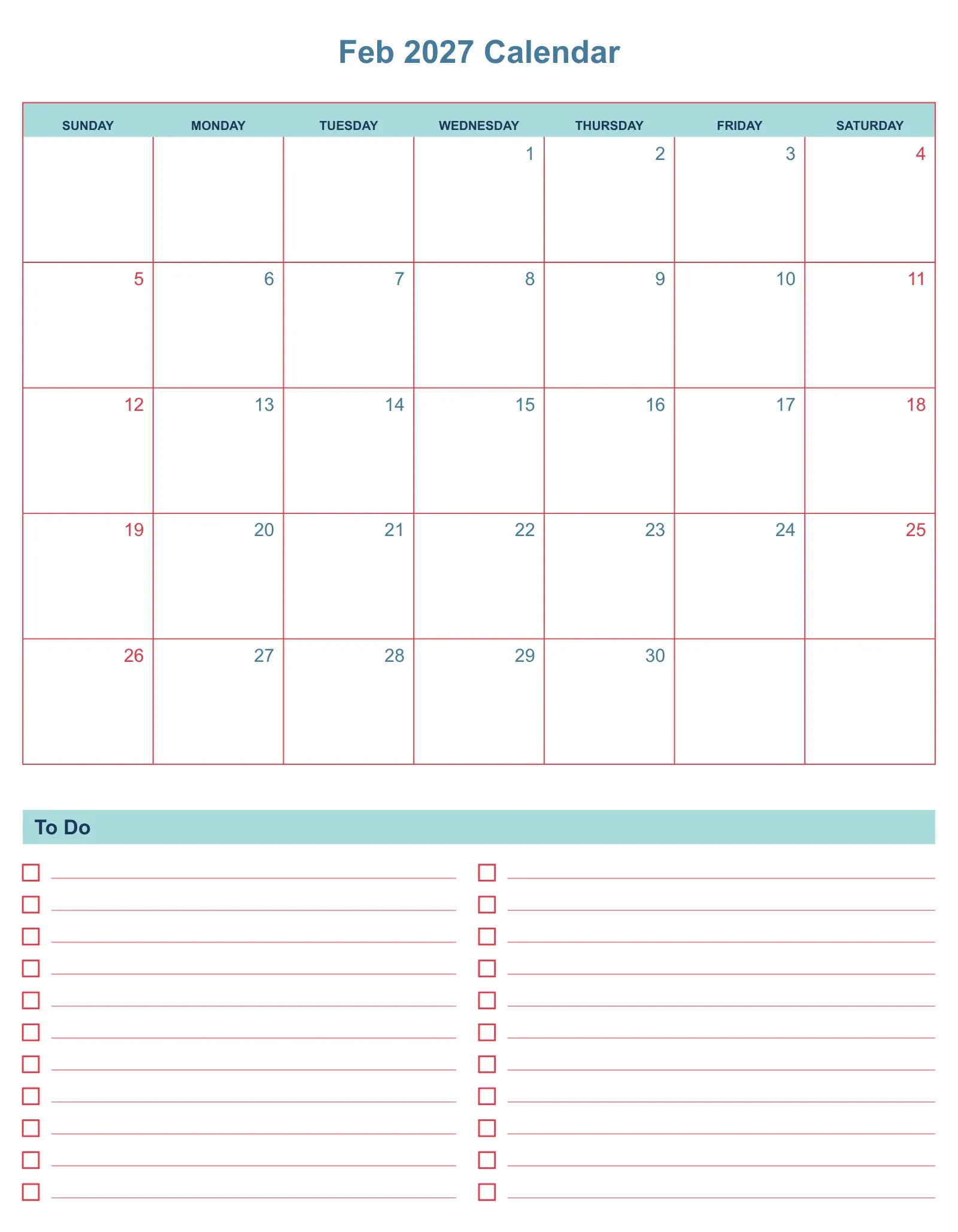 Feb 2027 Calendar With To Do List Bottom Portrait