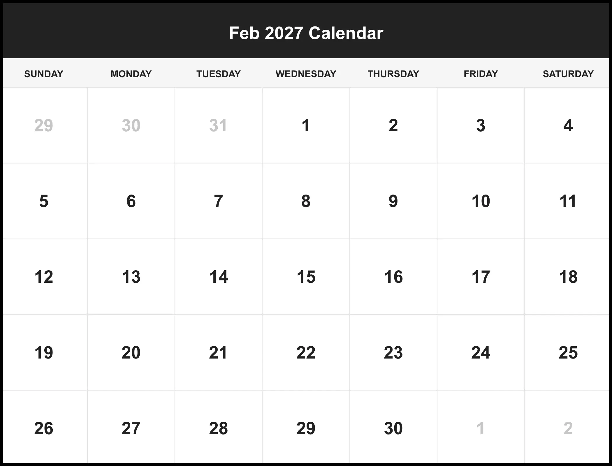 Feb 2027 Calendar Feb 2027 Calendar