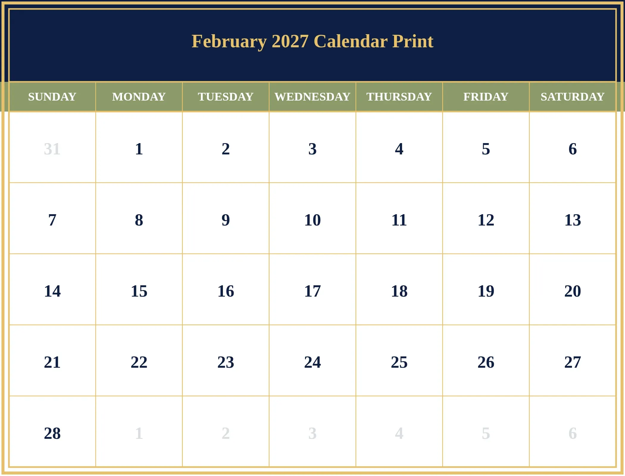February 2027 Calendar Print Download Landscape