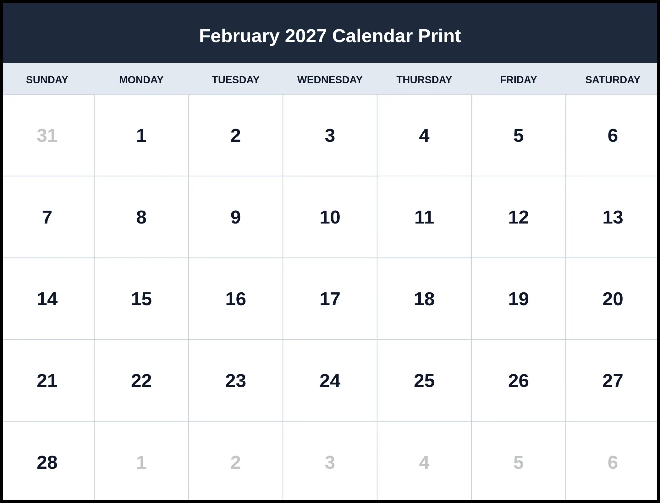February 2027 Calendar Print Pdf February 2027 Calendar Print Pdf