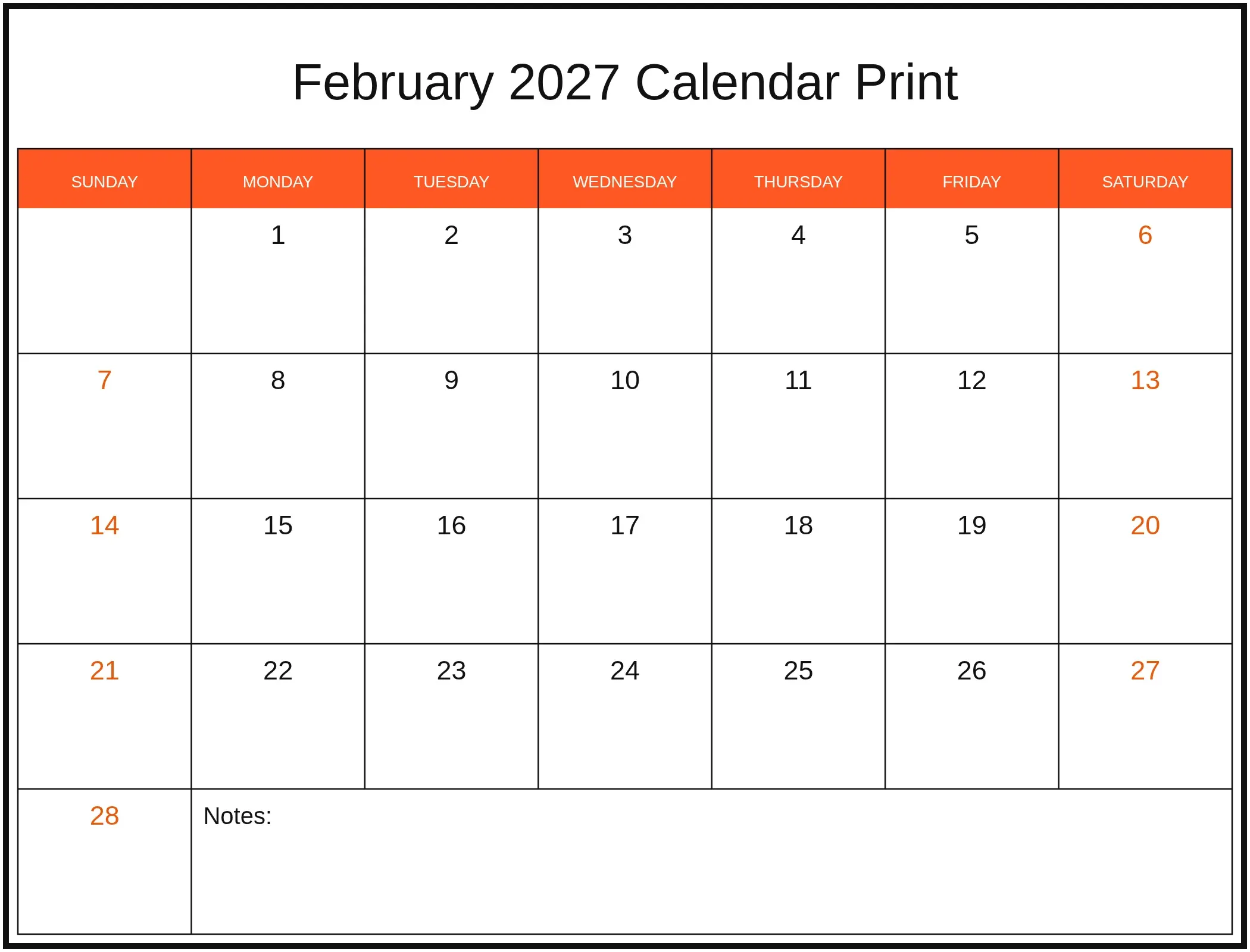 February 2027 Calendar Print with Notes Bottom Landscape February 2027 Calendar Print with Notes Bottom Landscape