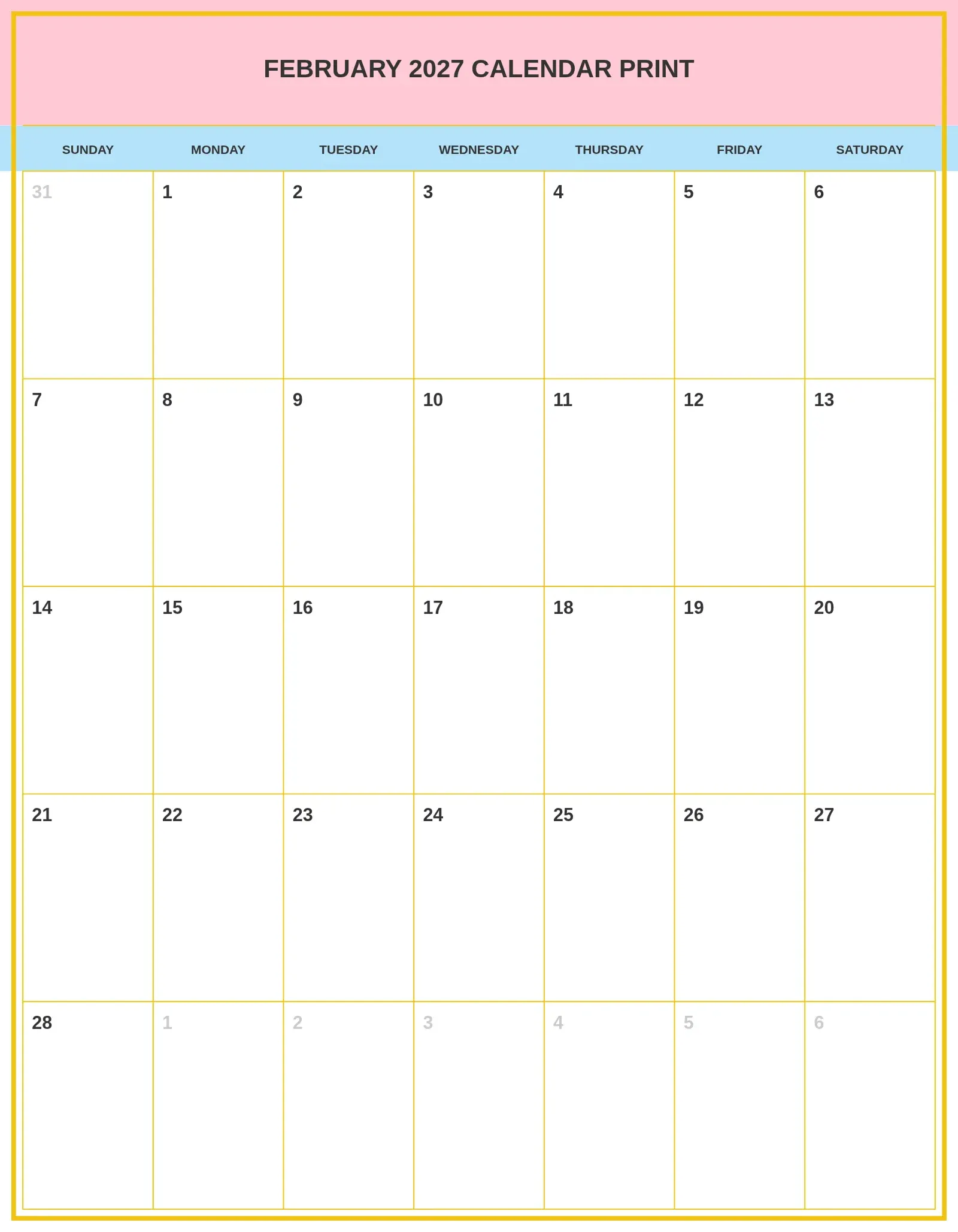 February 2027 Calendar Print With Portrait Template February 2027 Calendar Print With Portrait Template