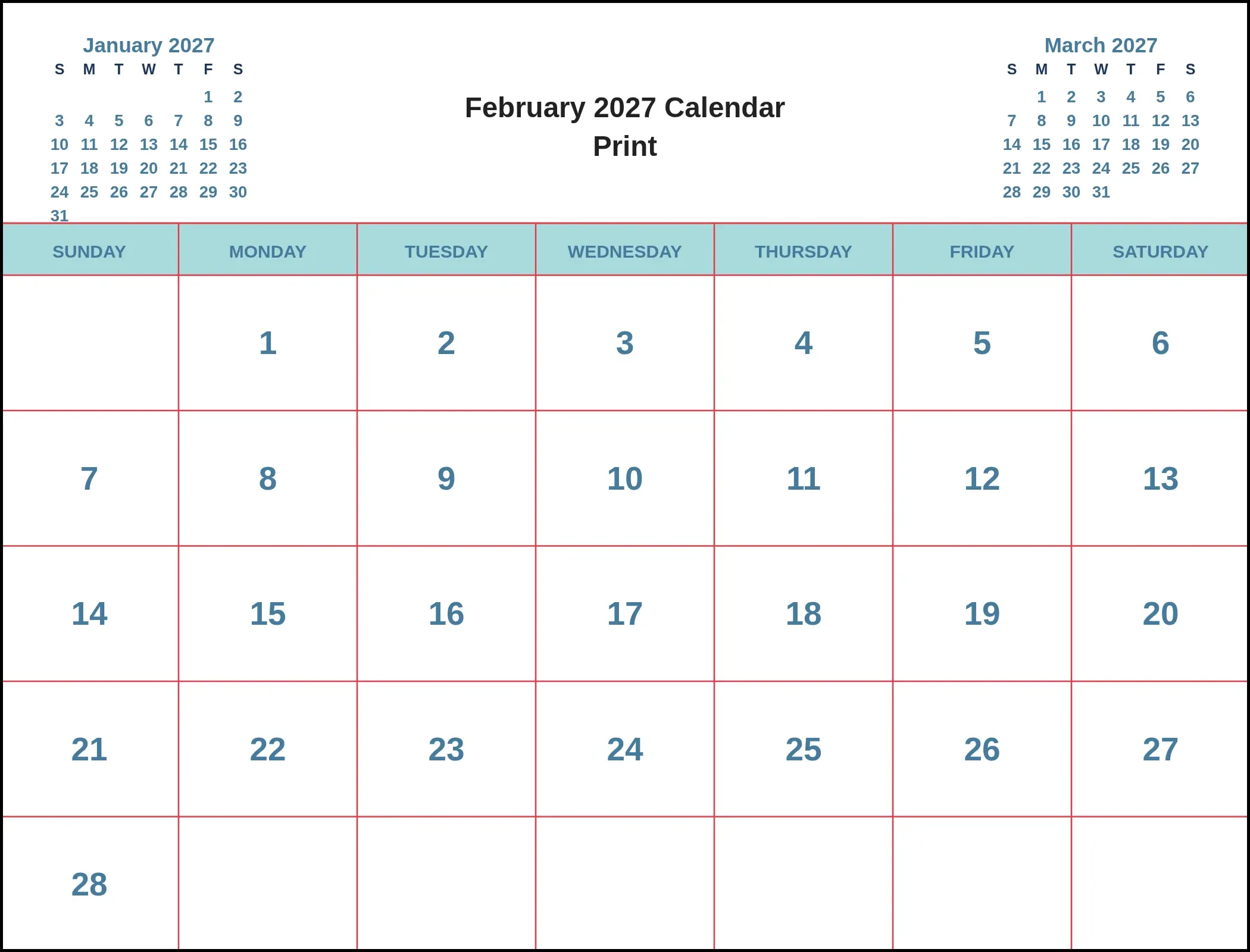 February 2027 Calendar Print With Three Month View