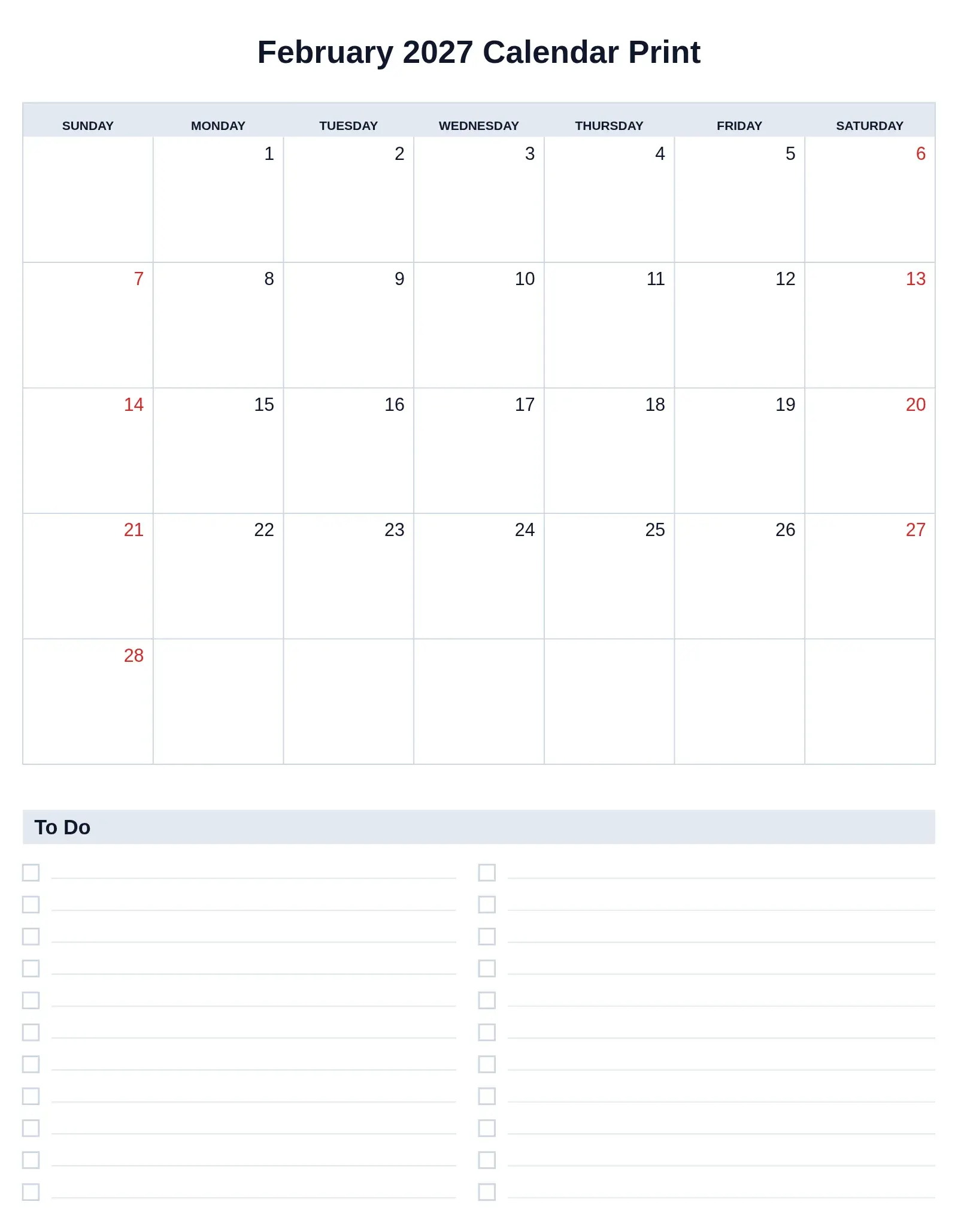 February 2027 Calendar Print With To Do List Bottom Portrait February 2027 Calendar Print With To Do List Bottom Portrait