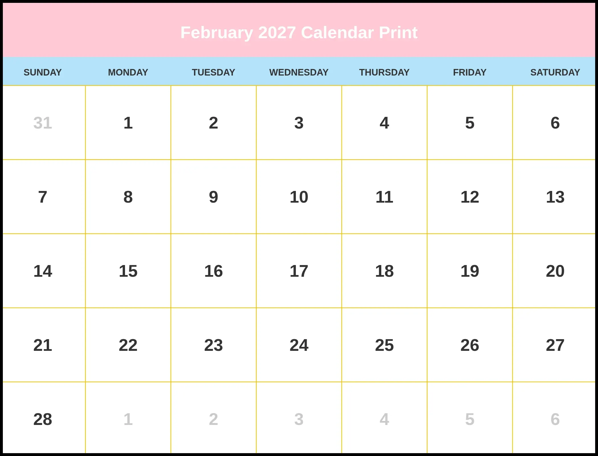 February 2027 Calendar Print February 2027 Calendar Print
