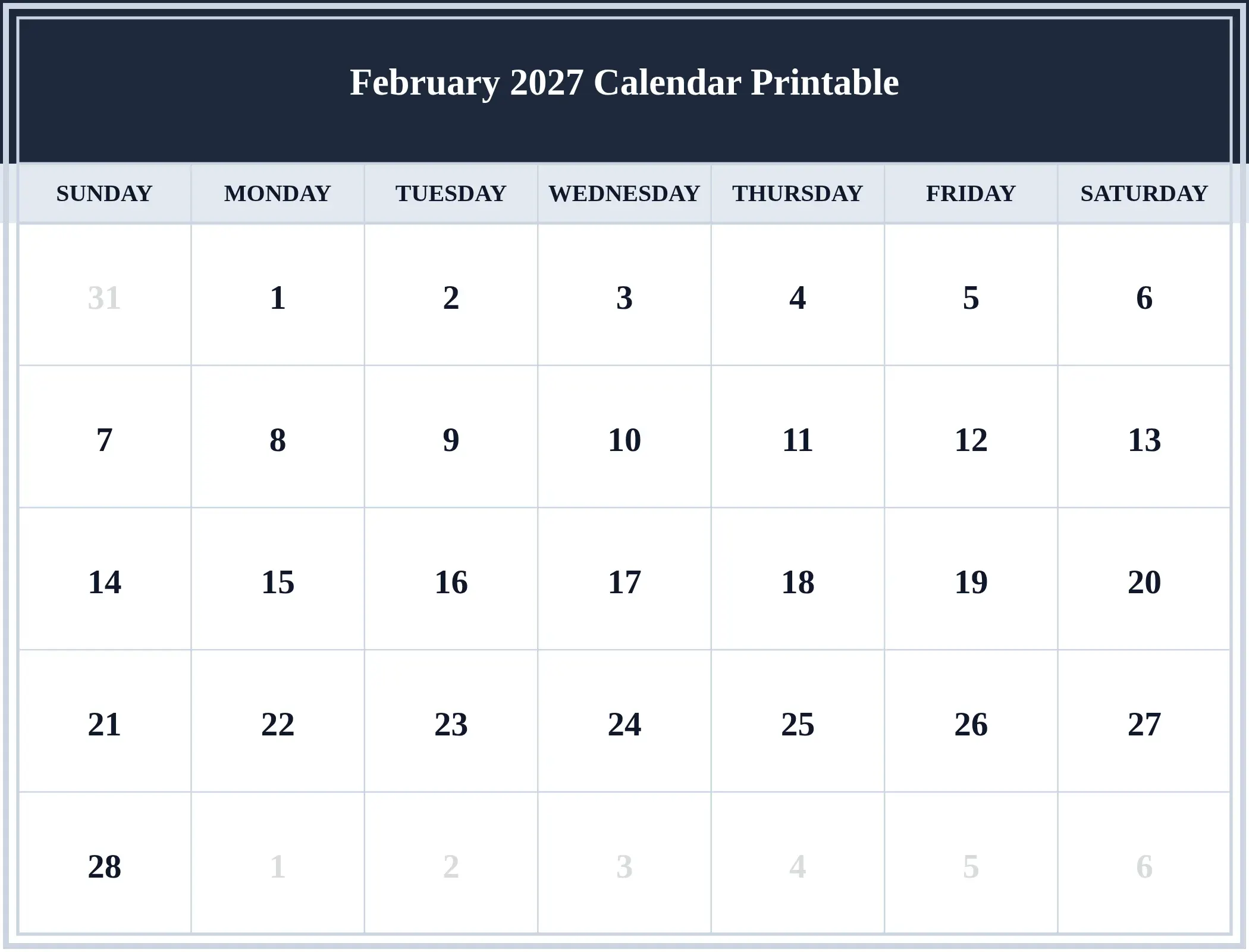 February 2027 Calendar Printable Download Landscape February 2027 Calendar Printable Download Landscape