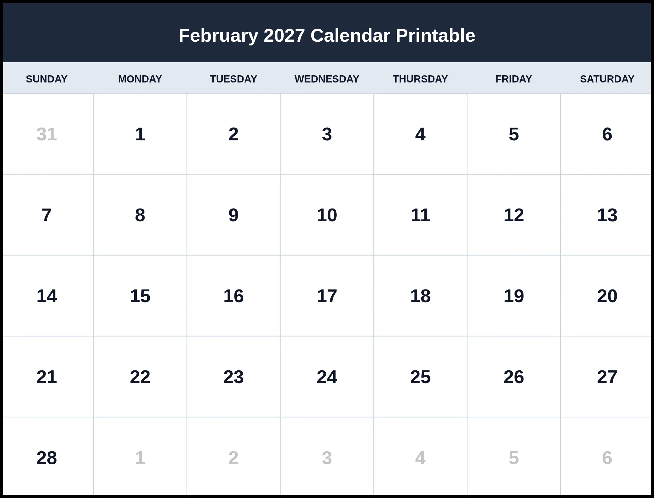 February 2027 Calendar Printable Pdf February 2027 Calendar Printable Pdf