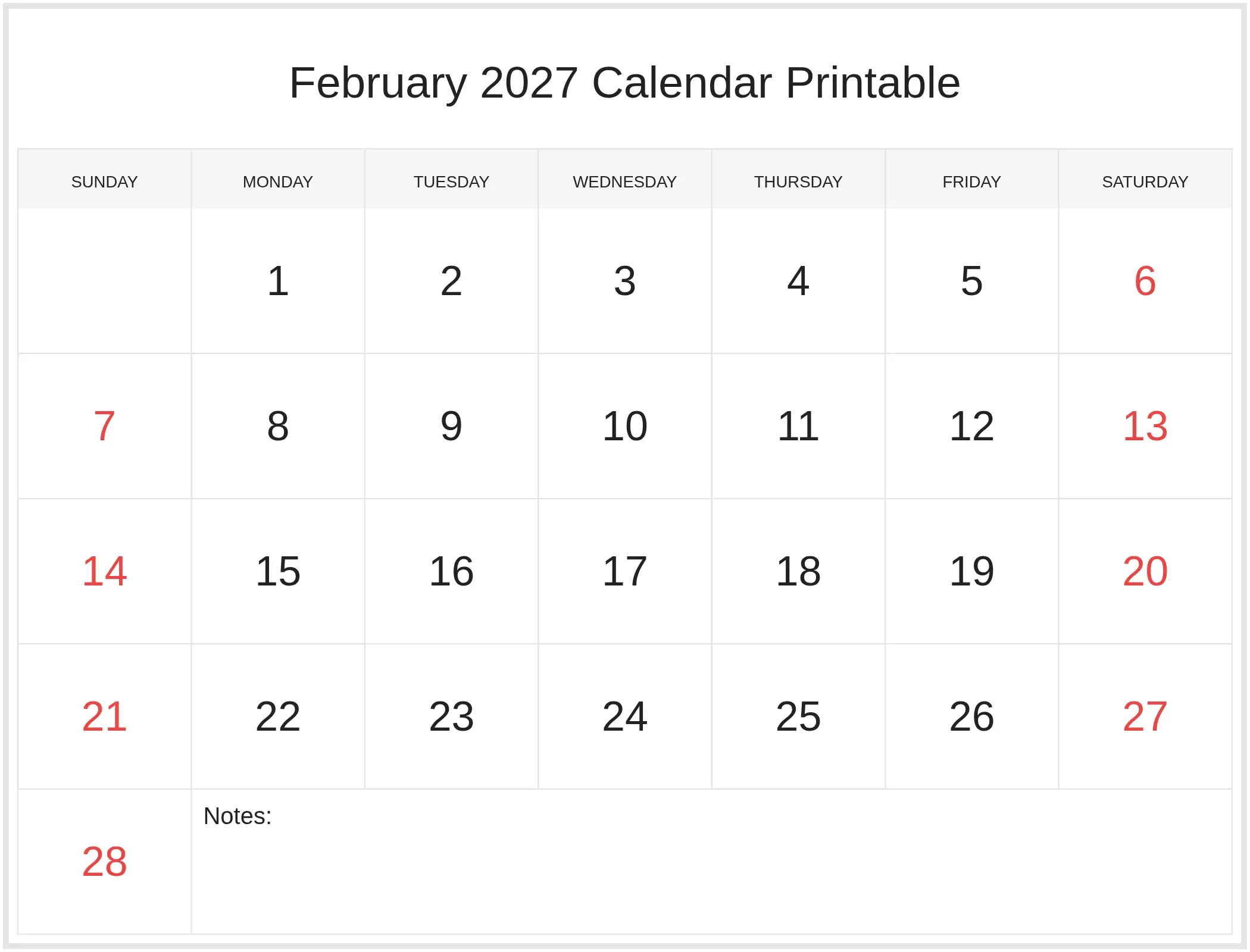 February 2027 Calendar Printable with Notes Bottom Landscape February 2027 Calendar Printable with Notes Bottom Landscape