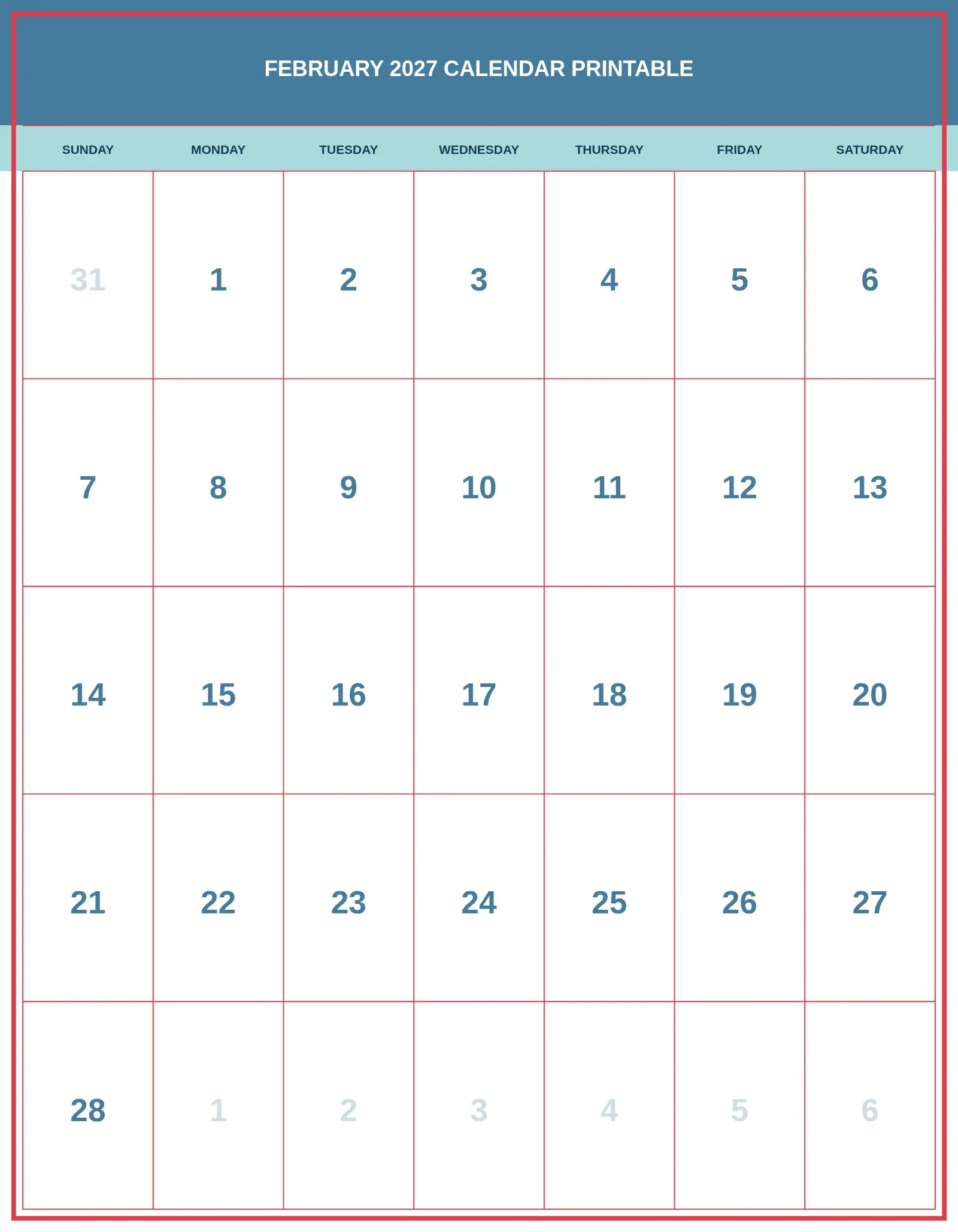 February 2027 Calendar Printable With Portrait Template February 2027 Calendar Printable With Portrait Template