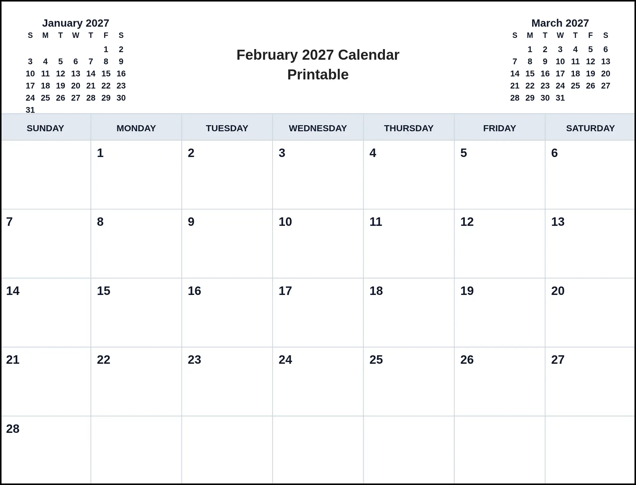 February 2027 Calendar Printable With Three Month View February 2027 Calendar Printable With Three Month View