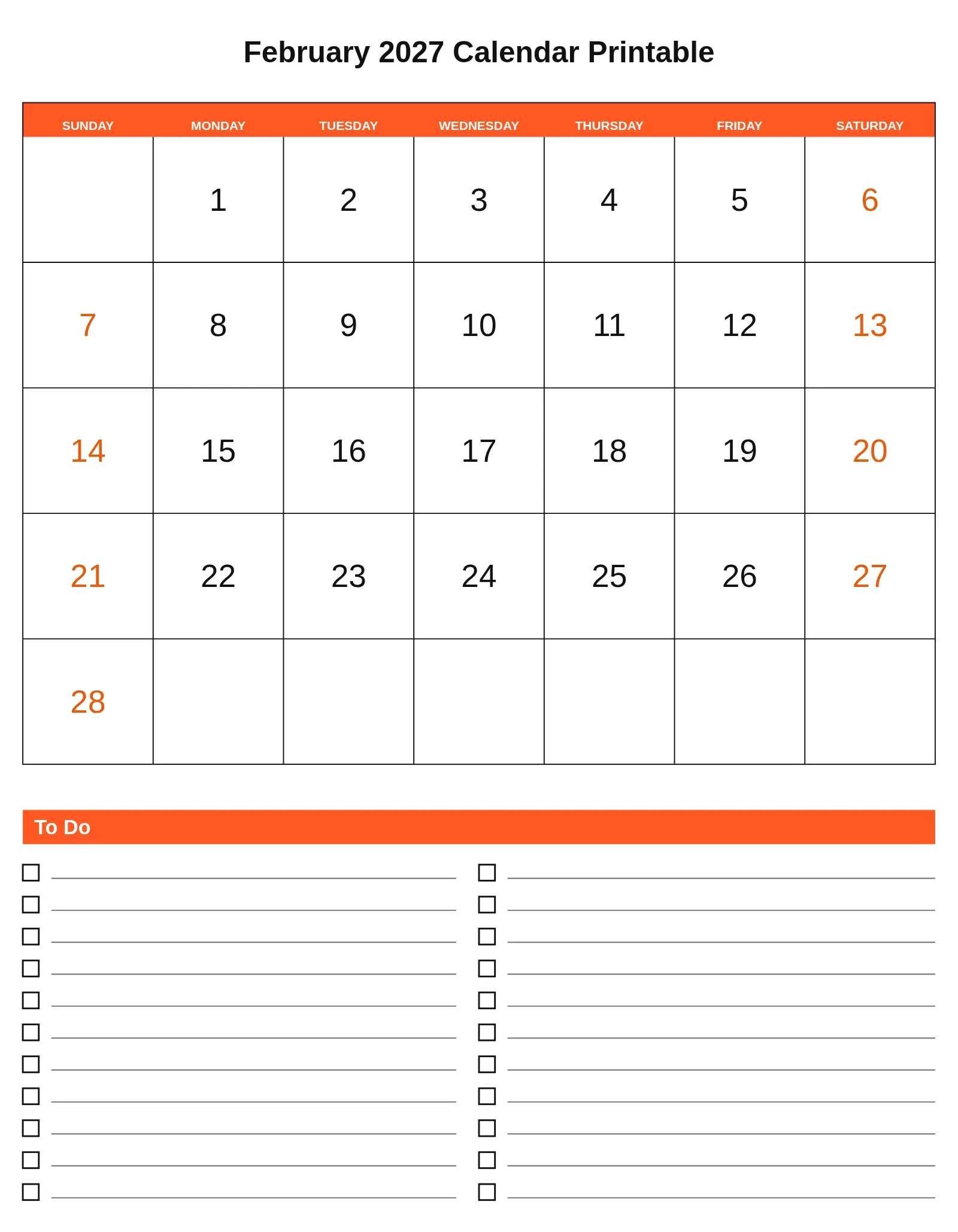 February 2027 Calendar Printable With To Do List Bottom Portrait