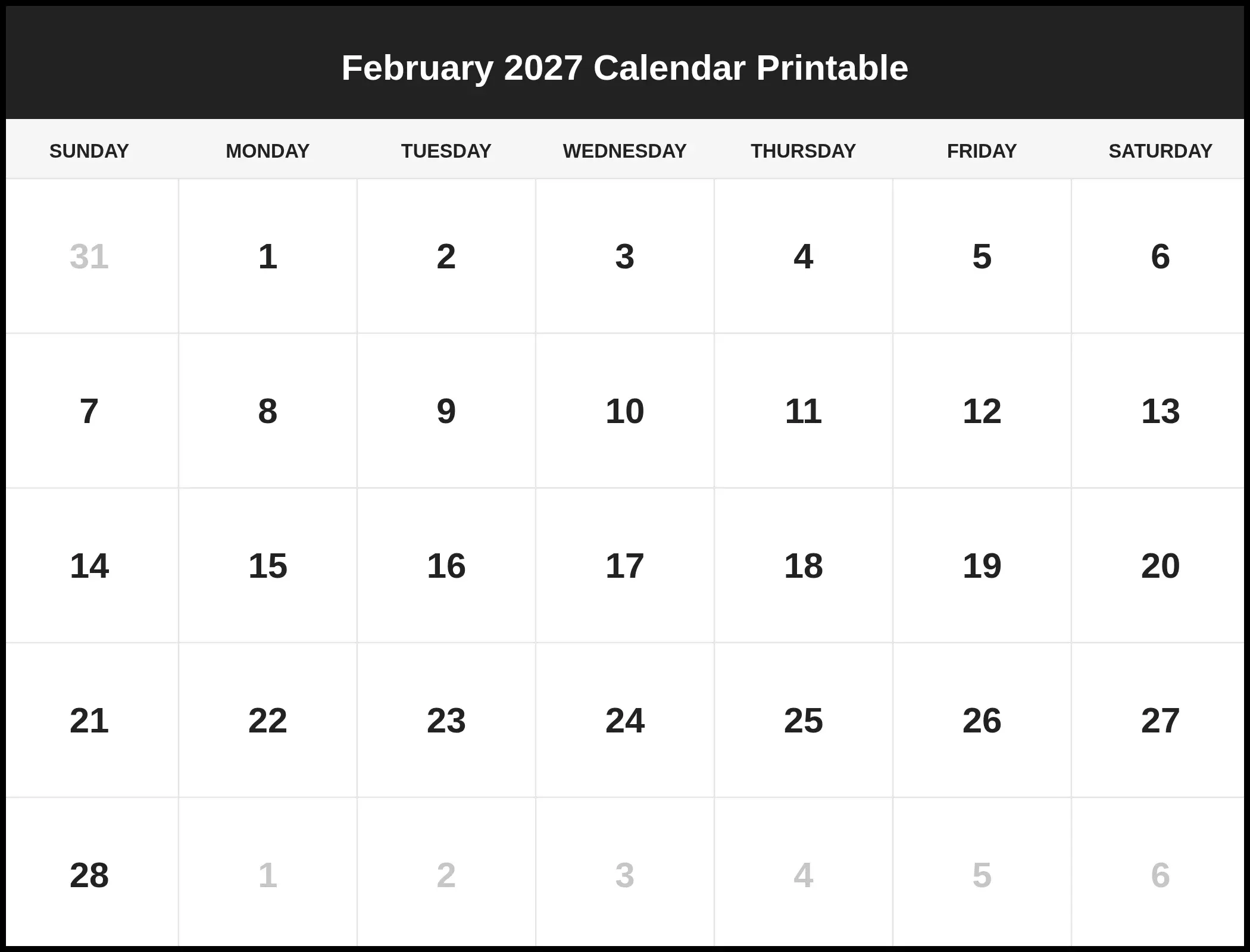 February 2027 Calendar Printable February 2027 Calendar Printable