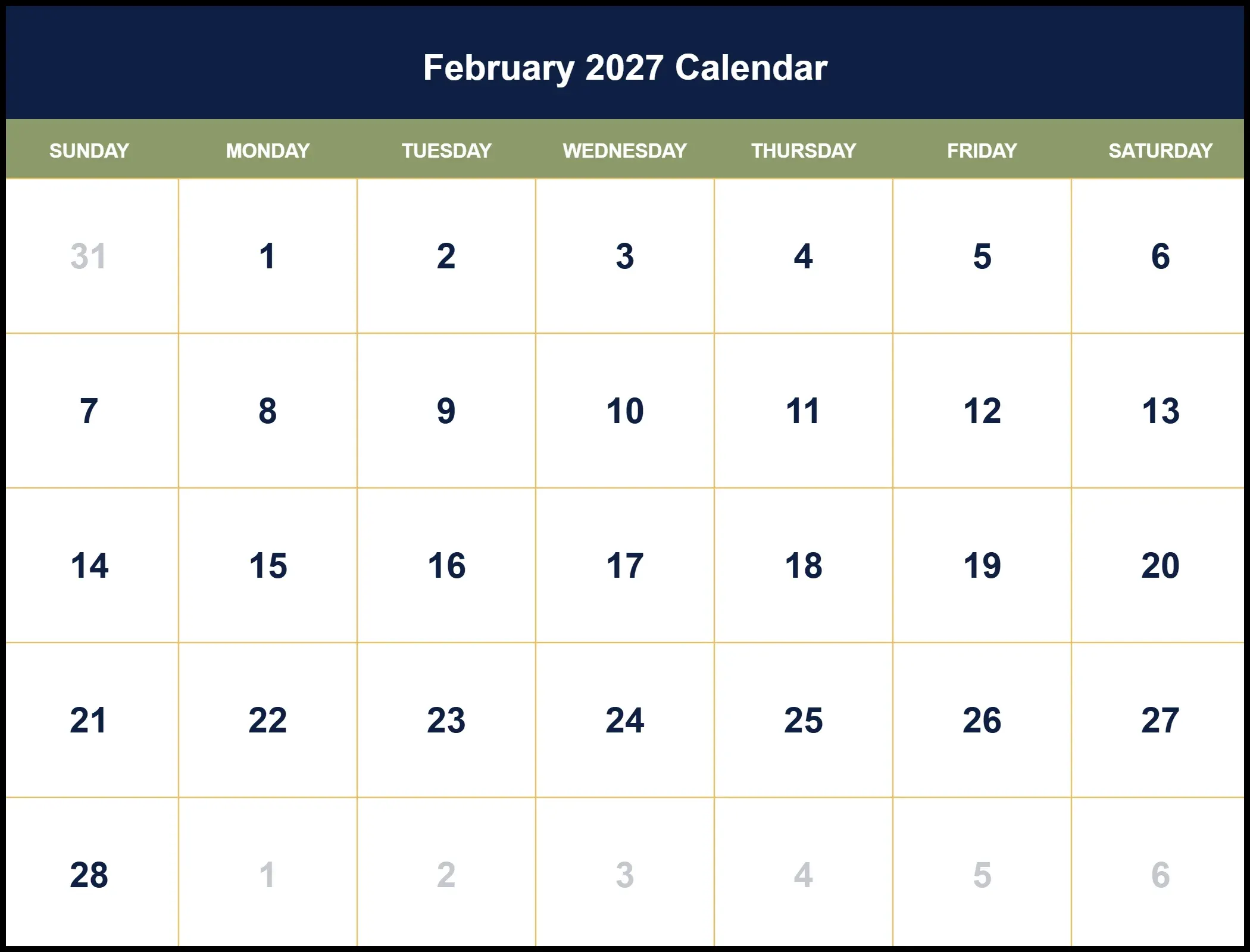 February 2027 Calendar