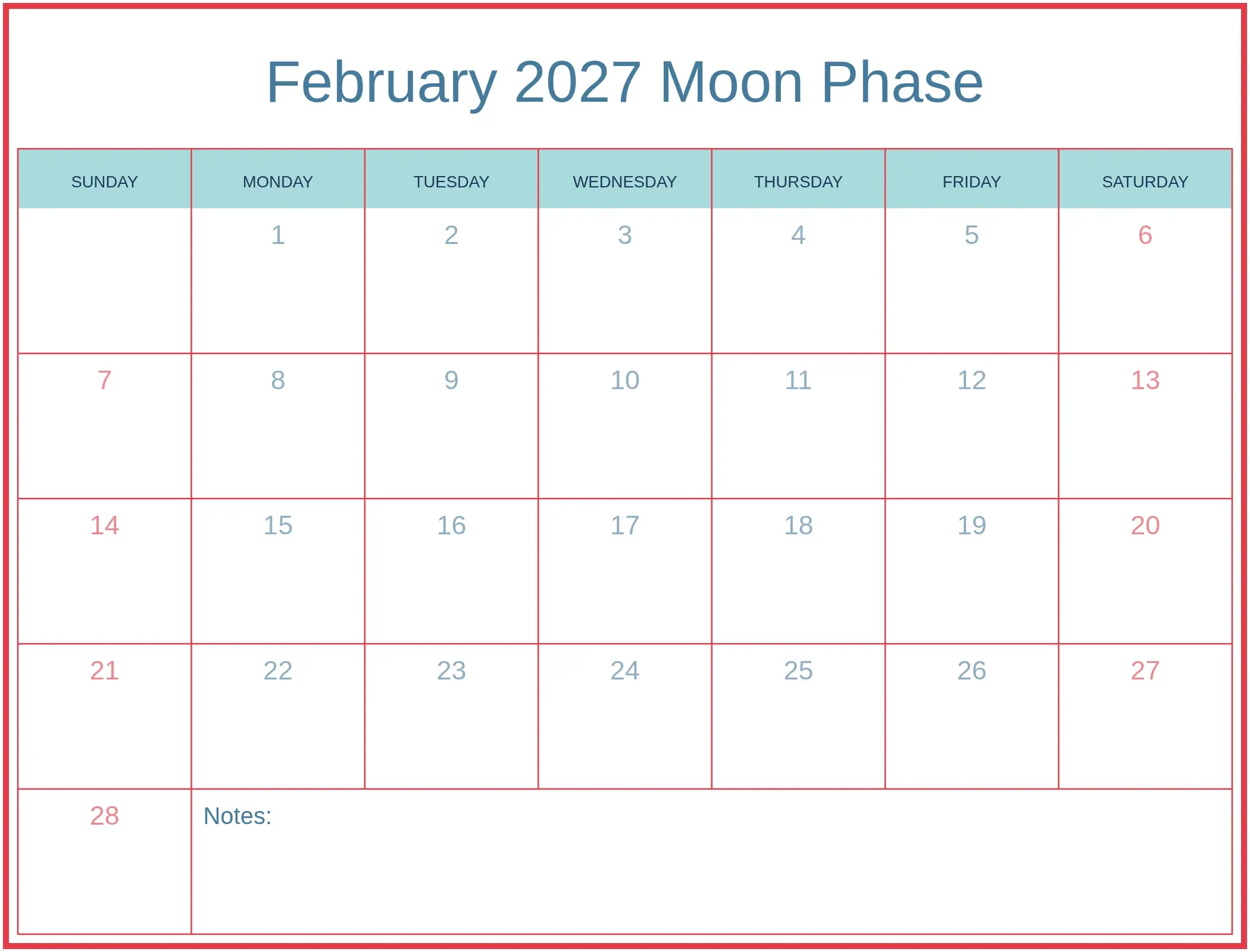 February 2027 Moon Phase with Notes Bottom Landscape February 2027 Moon Phase with Notes Bottom Landscape