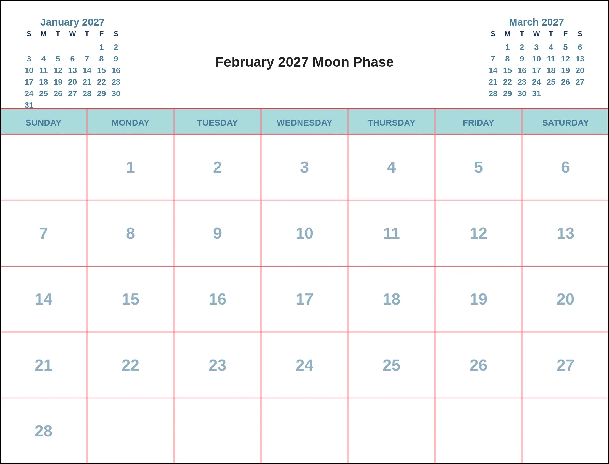 February 2027 Moon Phase With Three Month View