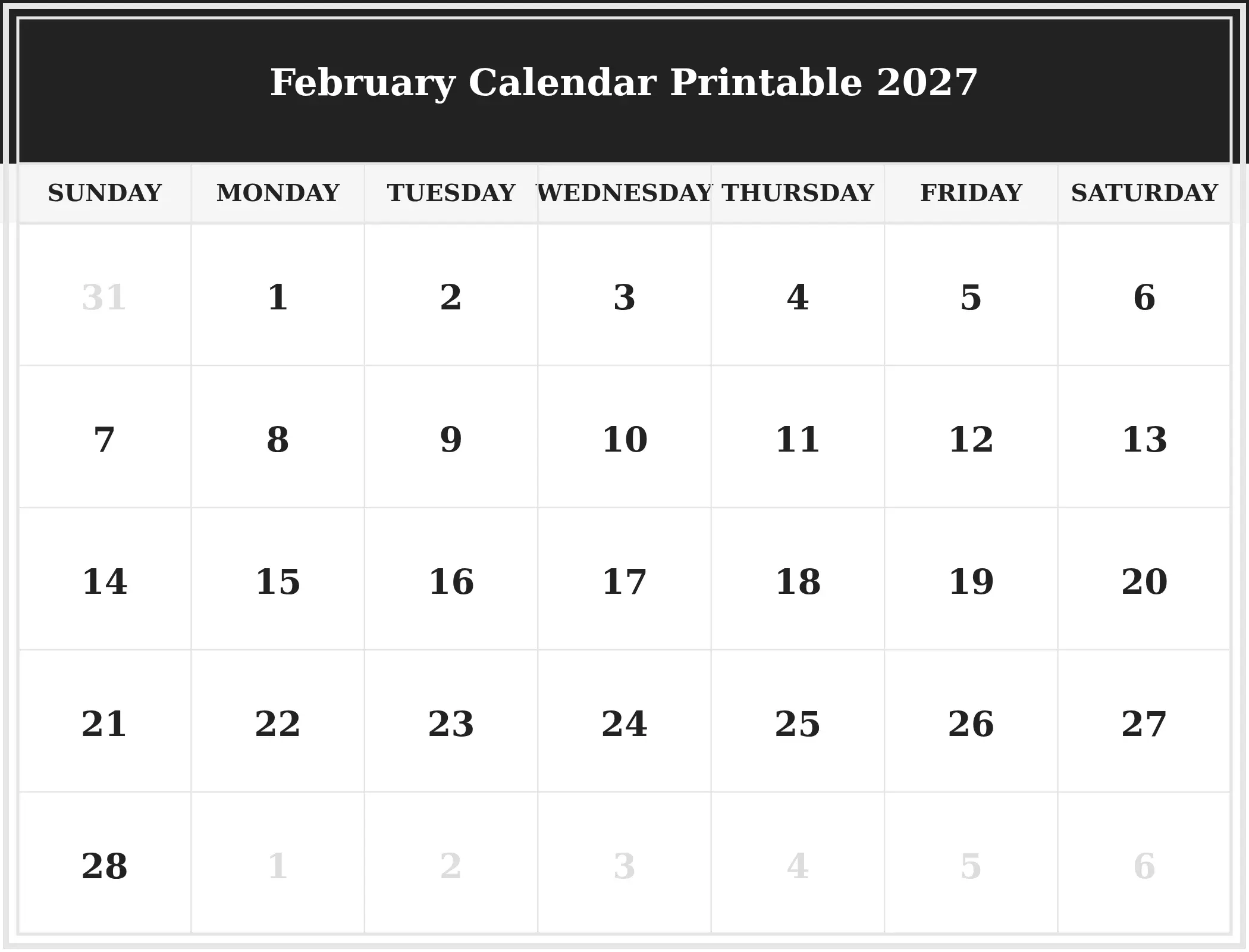 February Calendar Printable 2027 Download Landscape February Calendar Printable 2027 Download Landscape