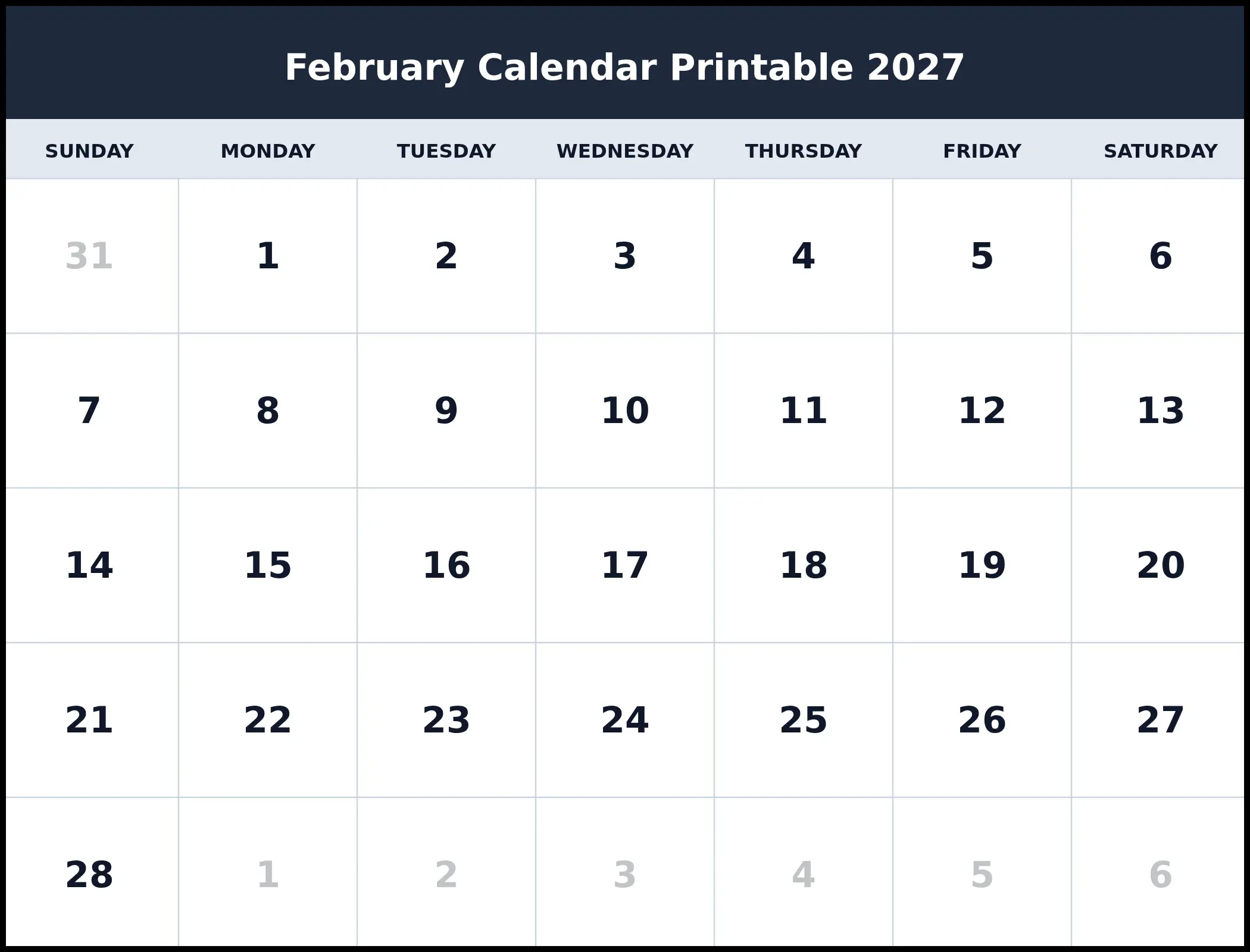 February Calendar Printable 2027 Pdf