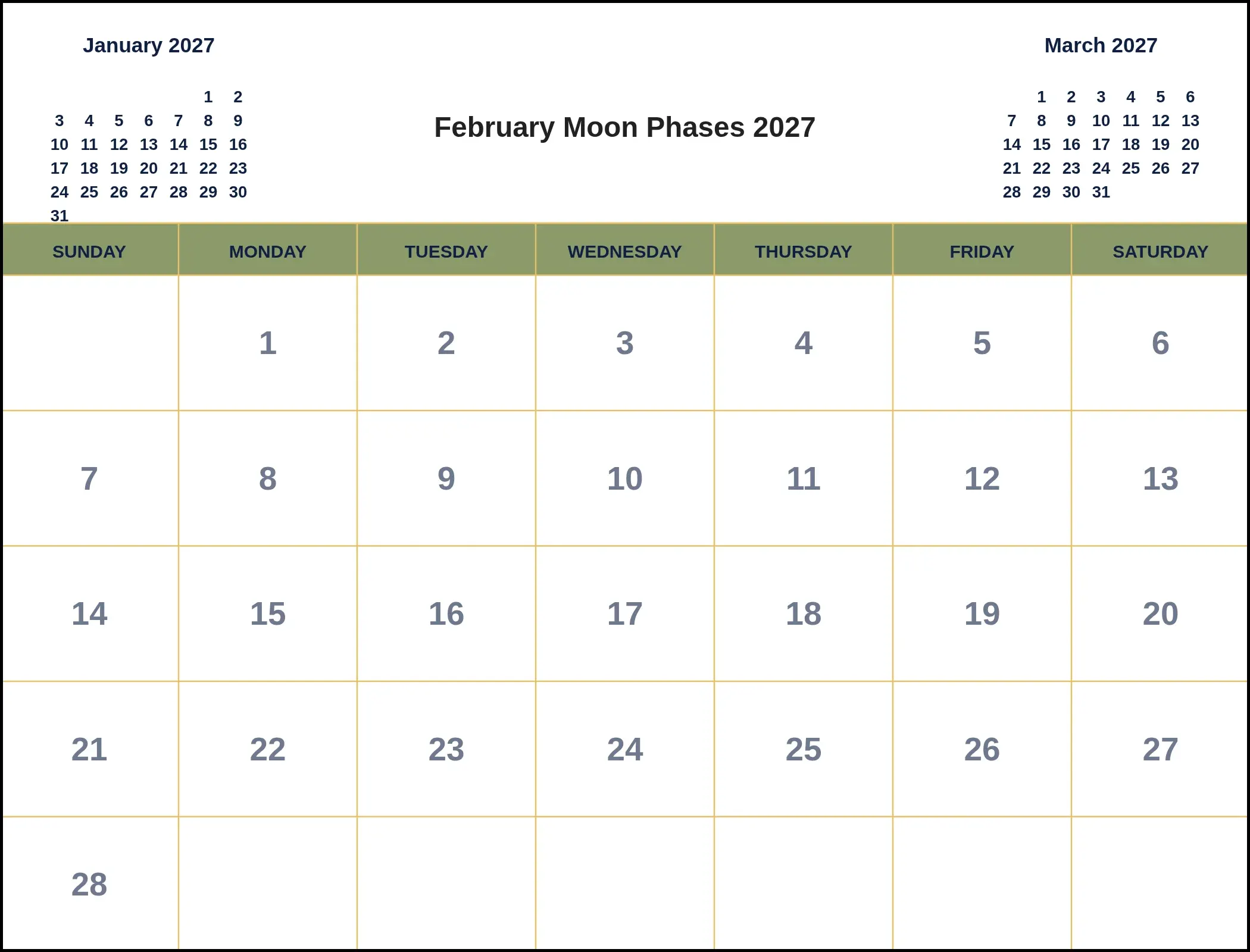 February Moon Phases 2027 With Three Month View
