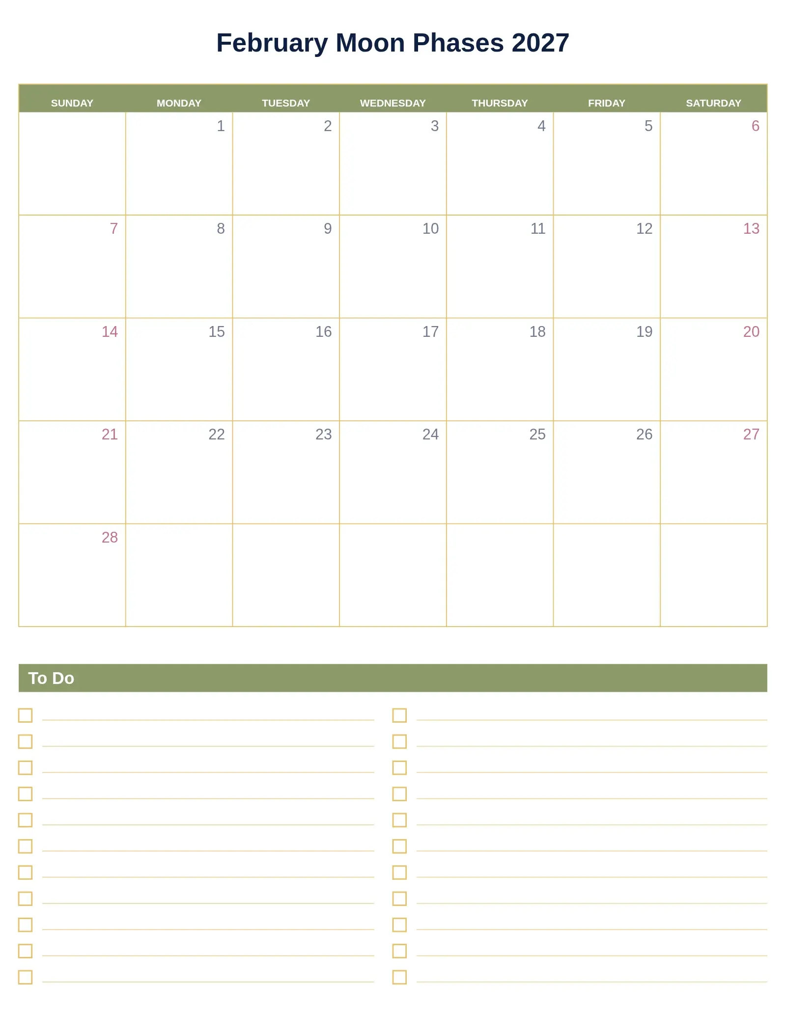 February Moon Phases 2027 With To Do List Bottom Portrait