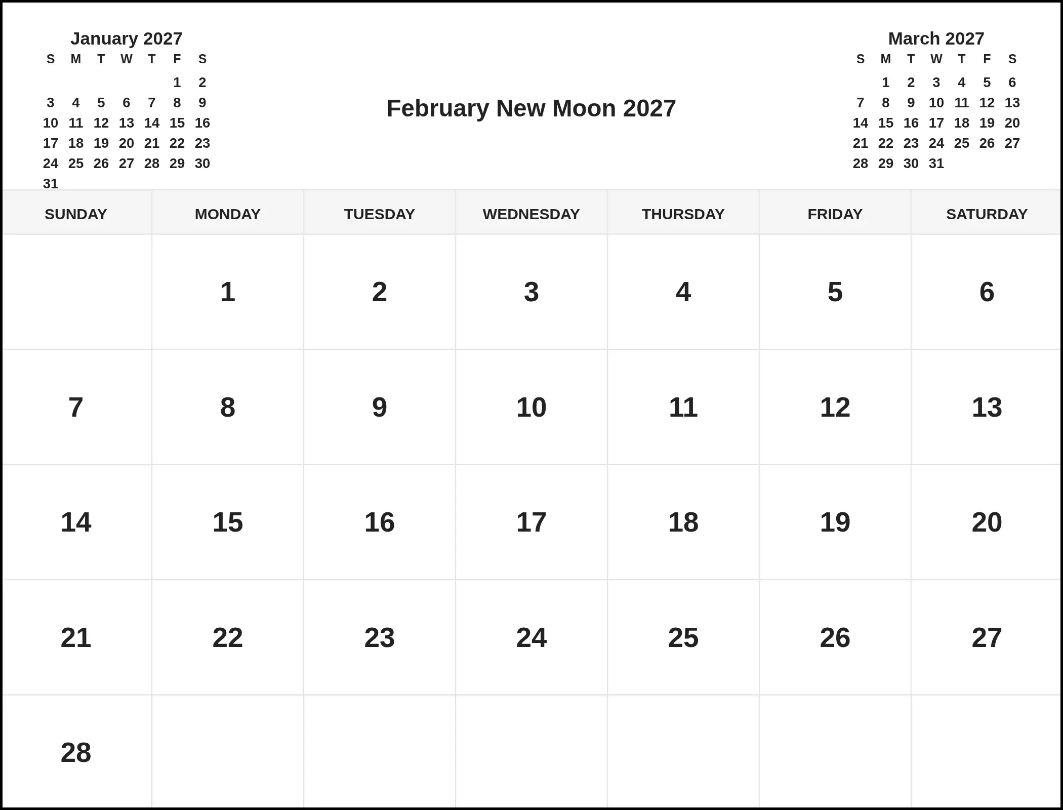 February New Moon 2027 With Three Month View February New Moon 2027 With Three Month View