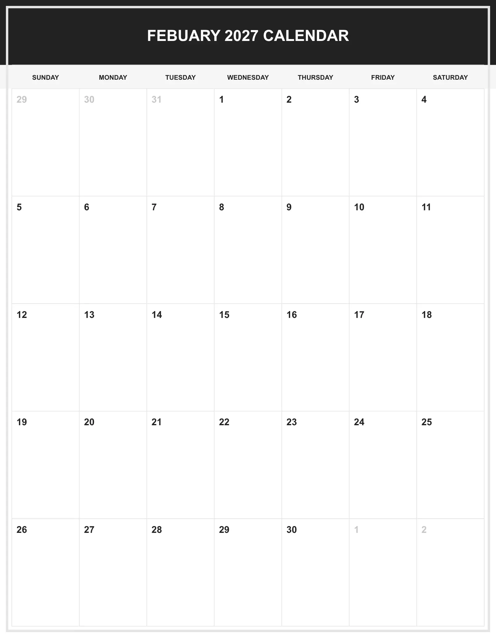 Febuary 2027 Calendar With Portrait Template