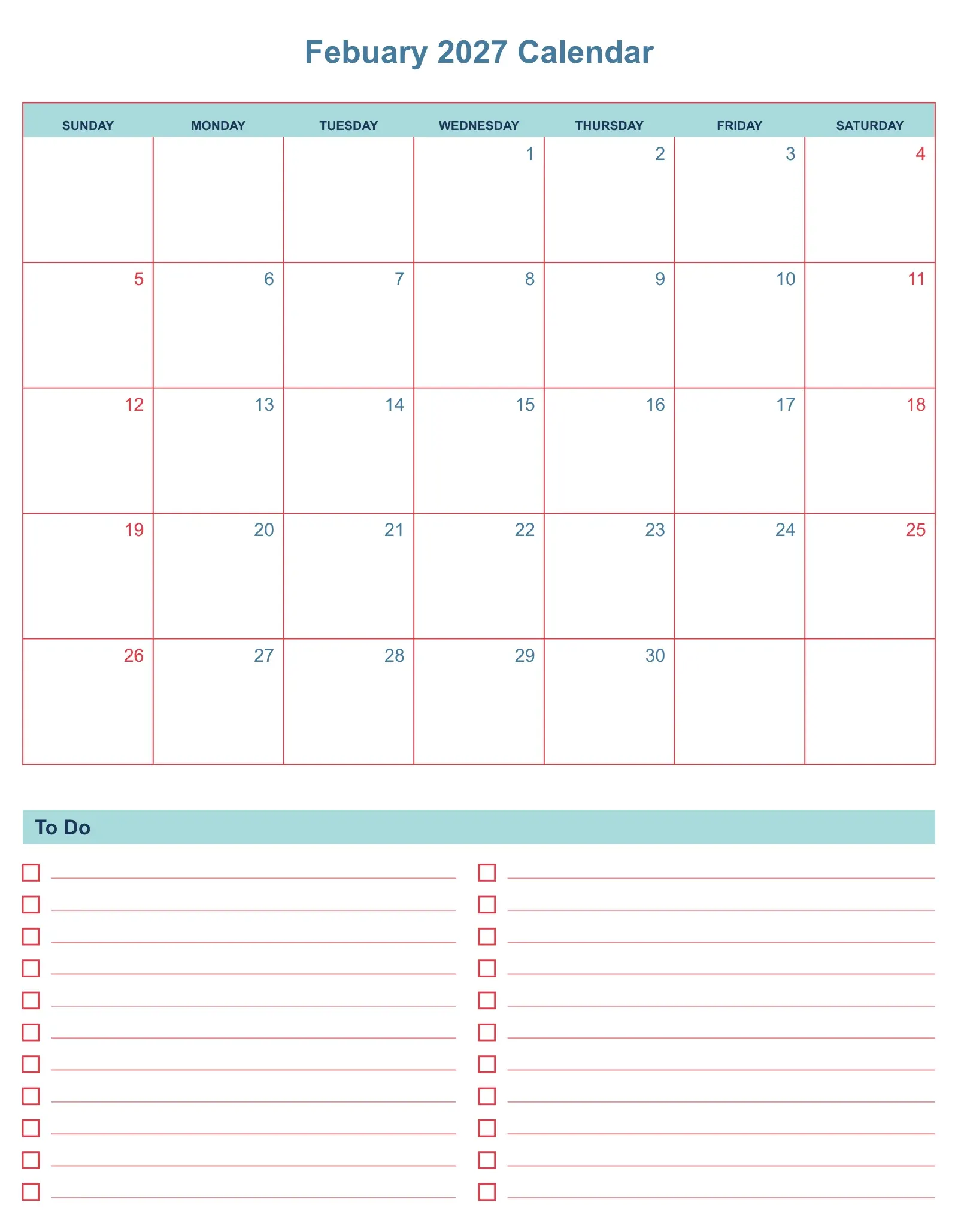 Febuary 2027 Calendar With To Do List Bottom Portrait