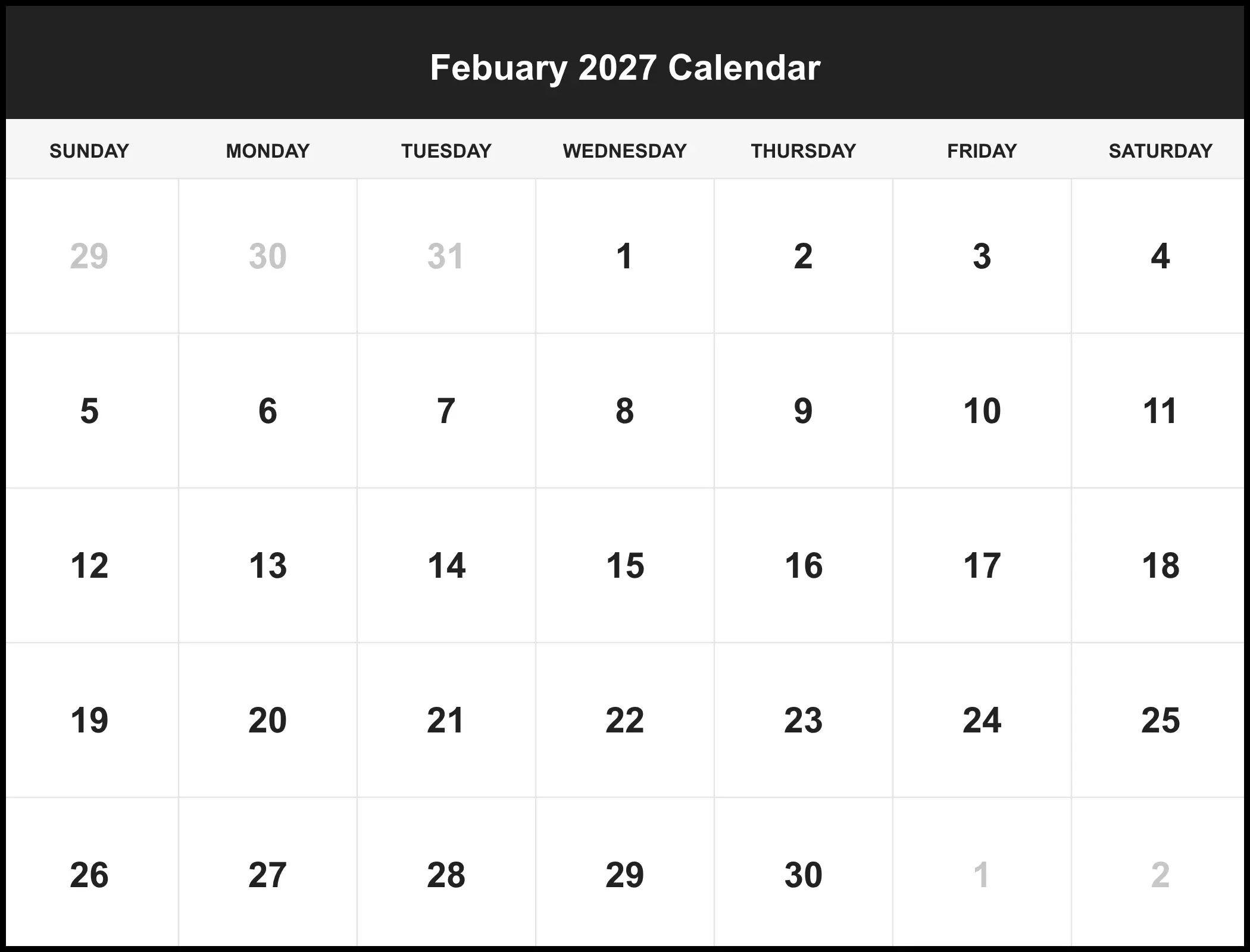Febuary 2027 Calendar