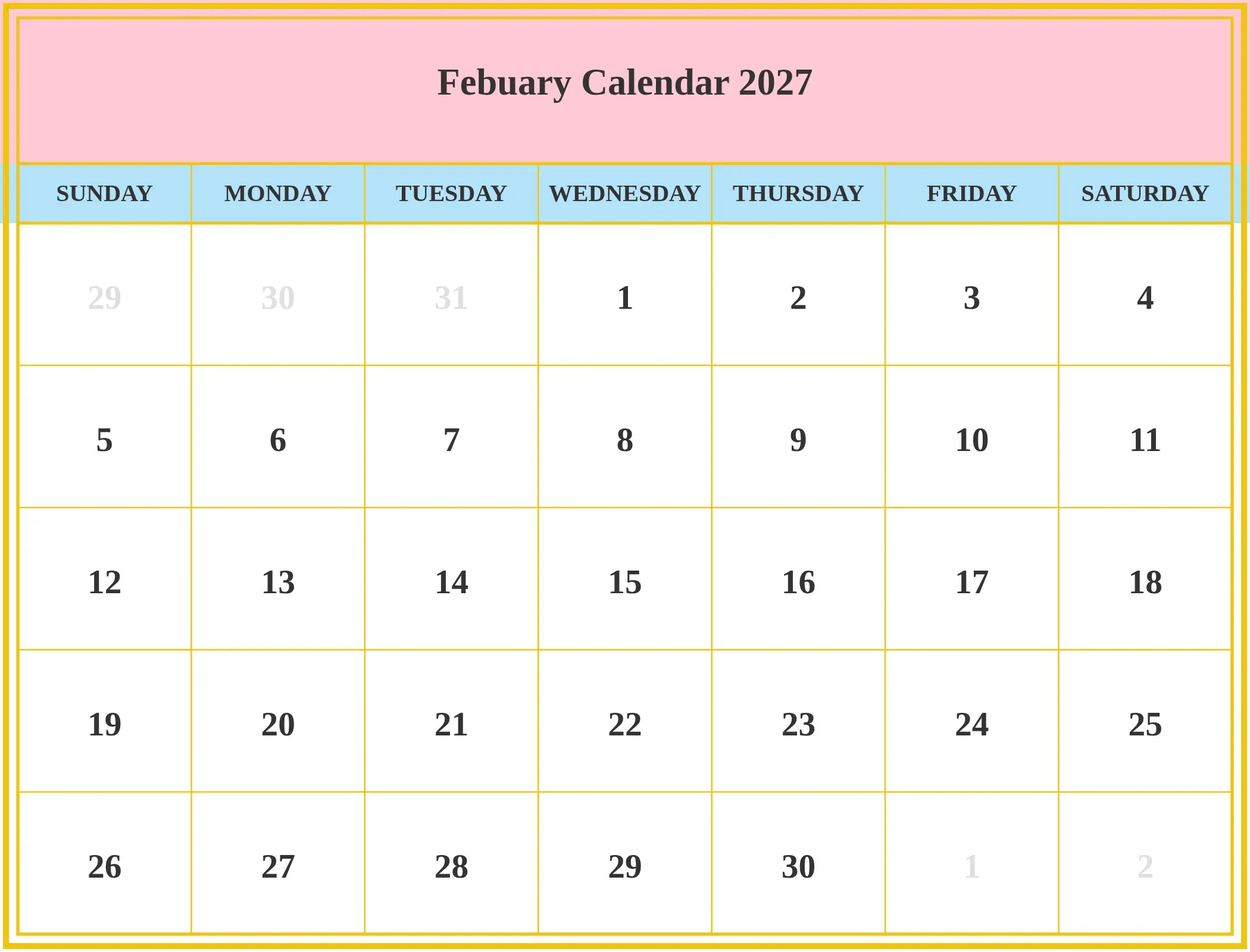 Febuary Calendar 2027 Download Landscape