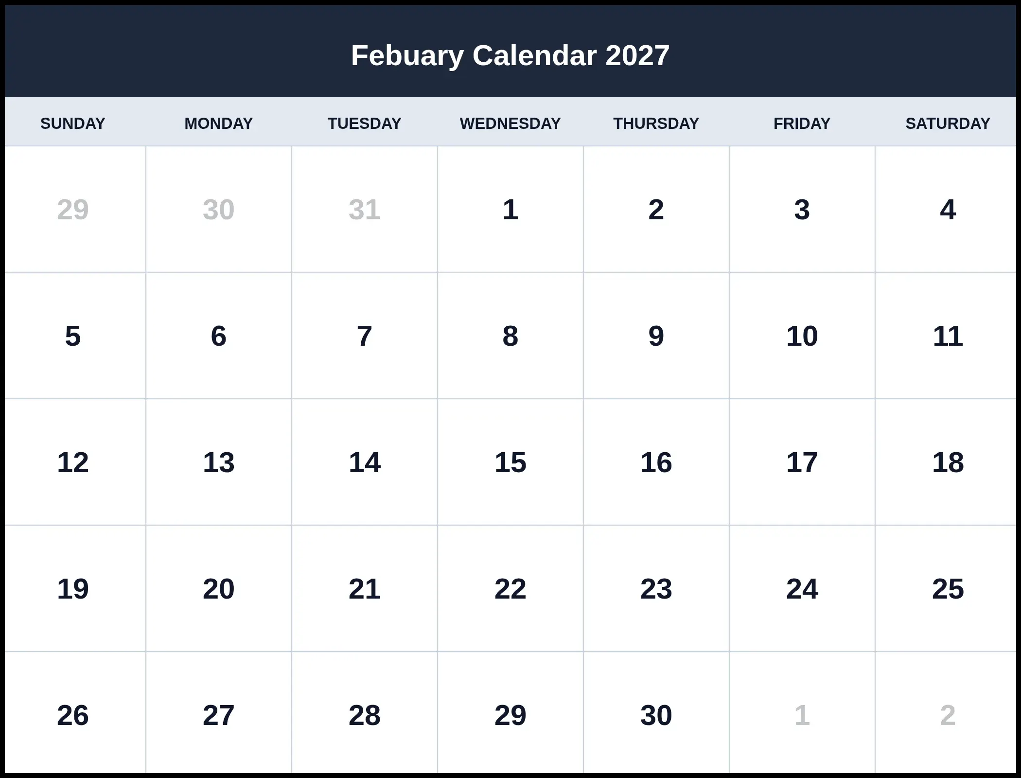 Febuary Calendar 2027 Pdf
