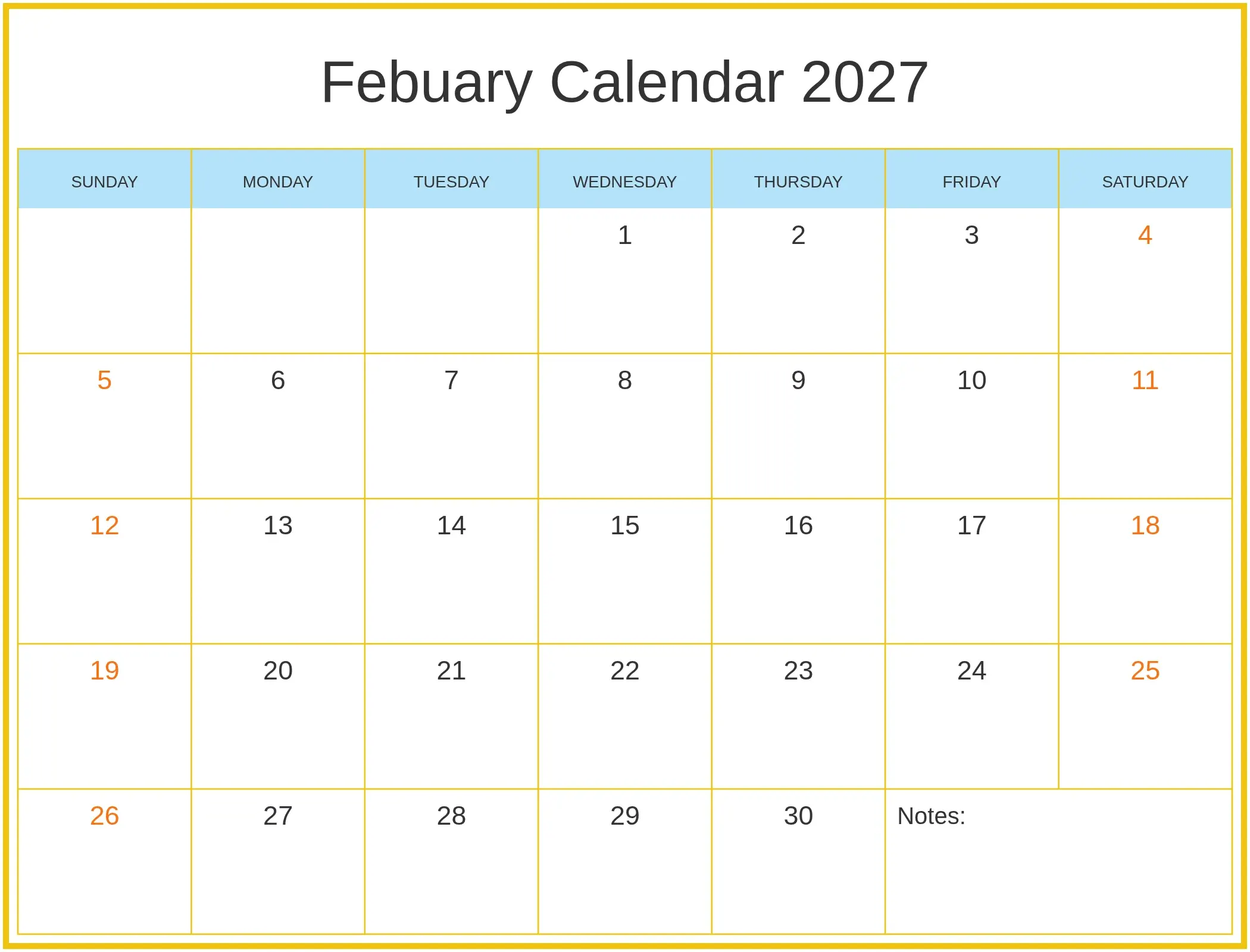 Febuary Calendar 2027 with Notes Bottom Landscape