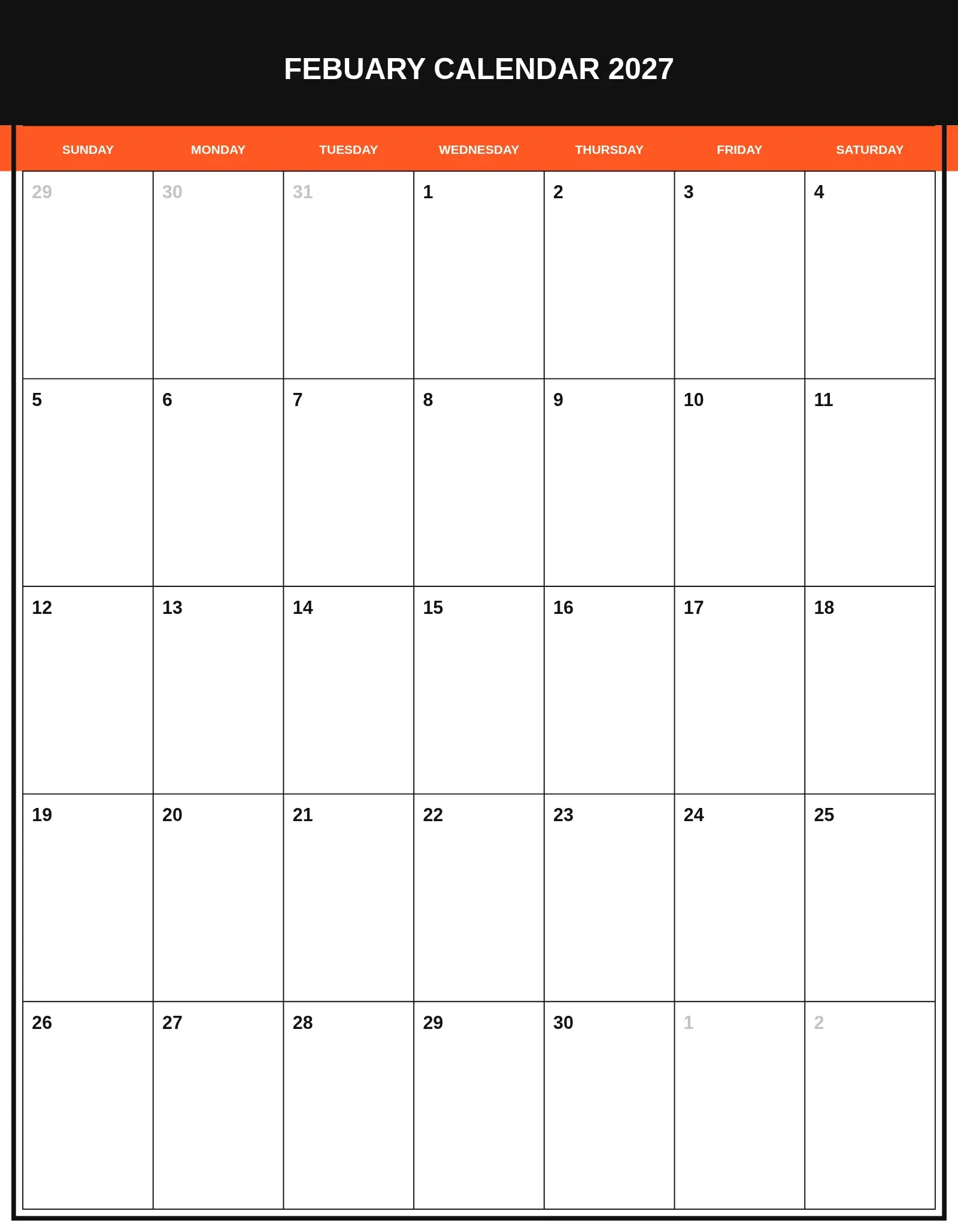 Febuary Calendar 2027 With Portrait Template