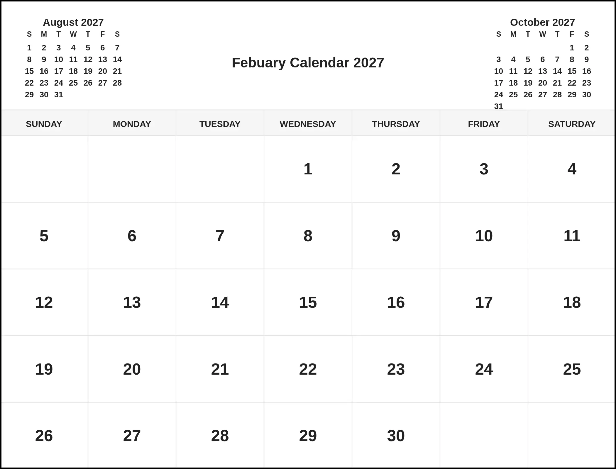 Febuary Calendar 2027 With Three Month View