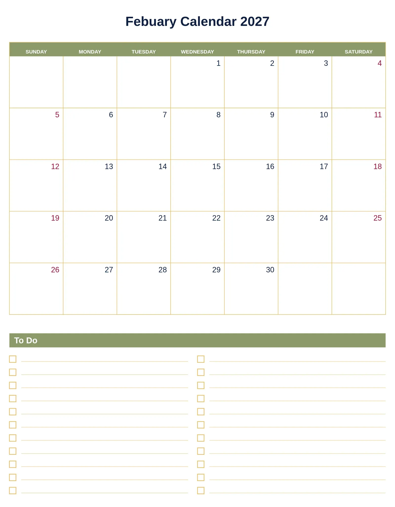 Febuary Calendar 2027 With To Do List Bottom Portrait