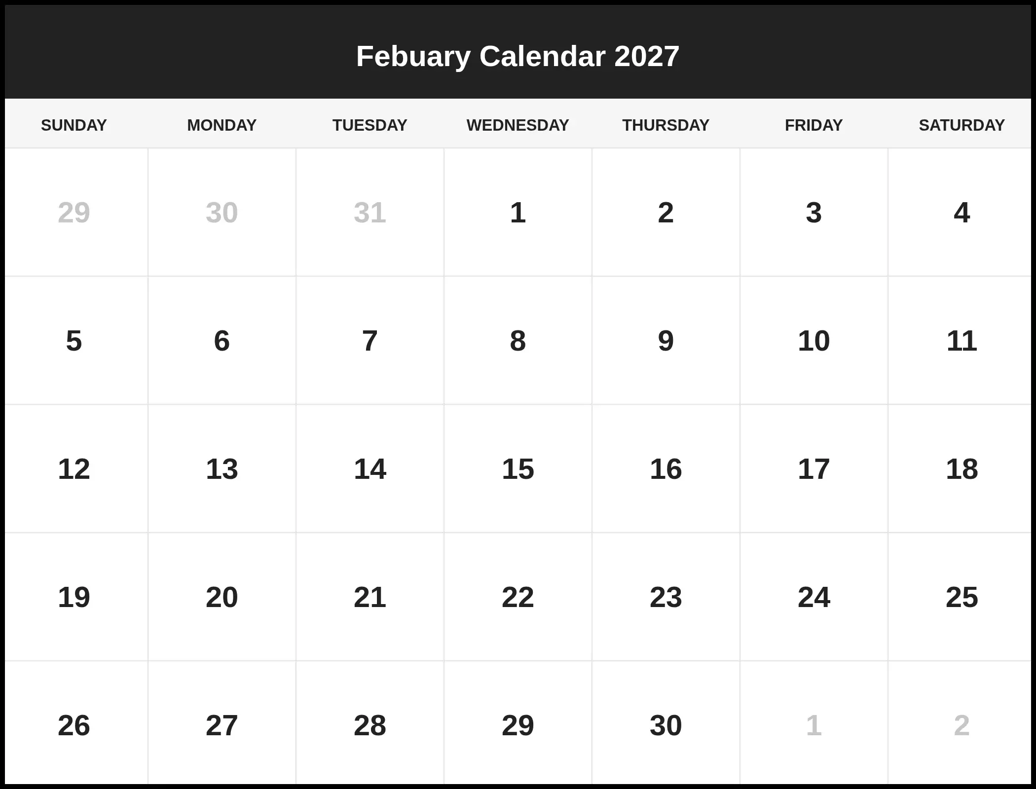 Febuary Calendar 2027
