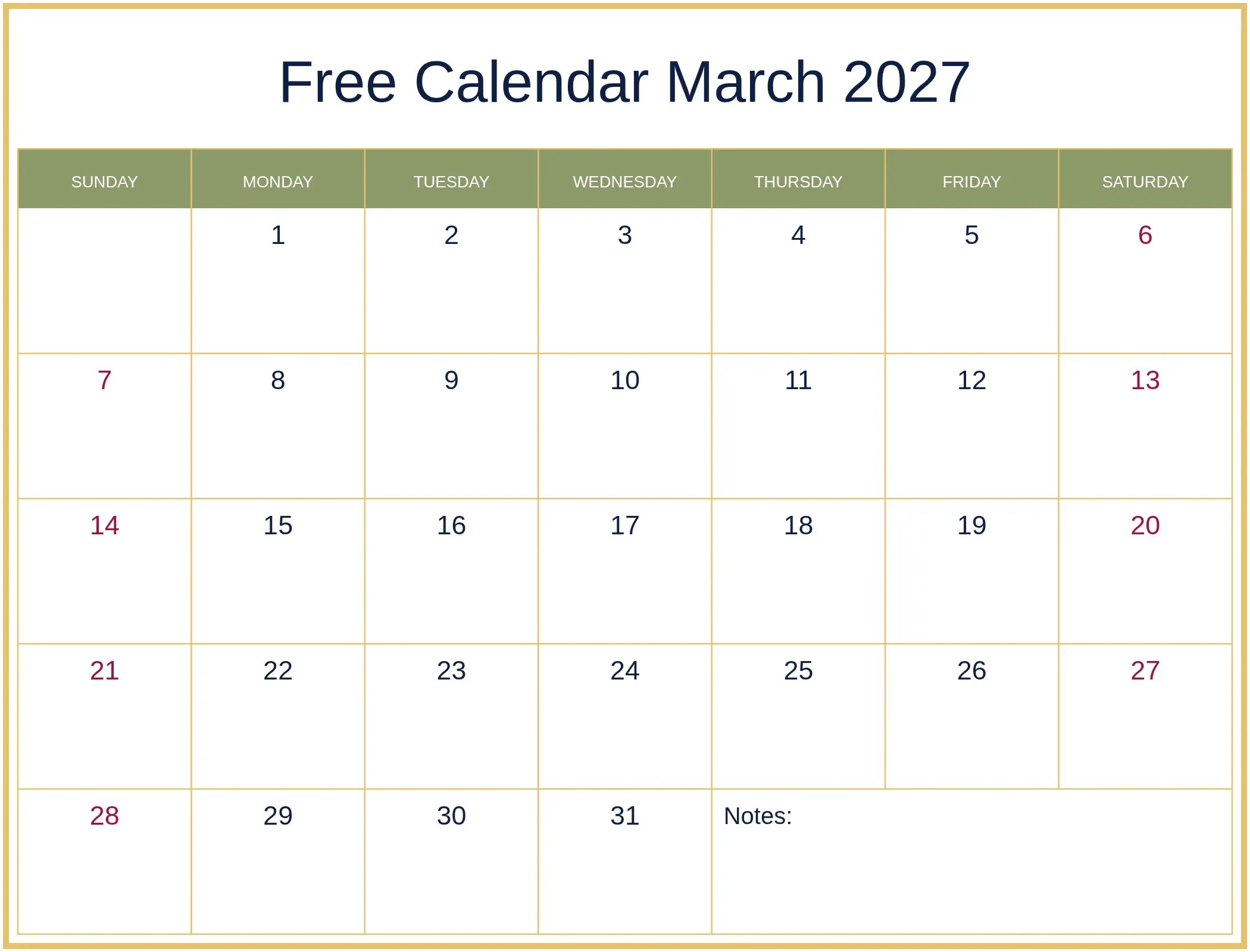 Free Calendar March 2027 with Notes Bottom Landscape Free Calendar March 2027 with Notes Bottom Landscape