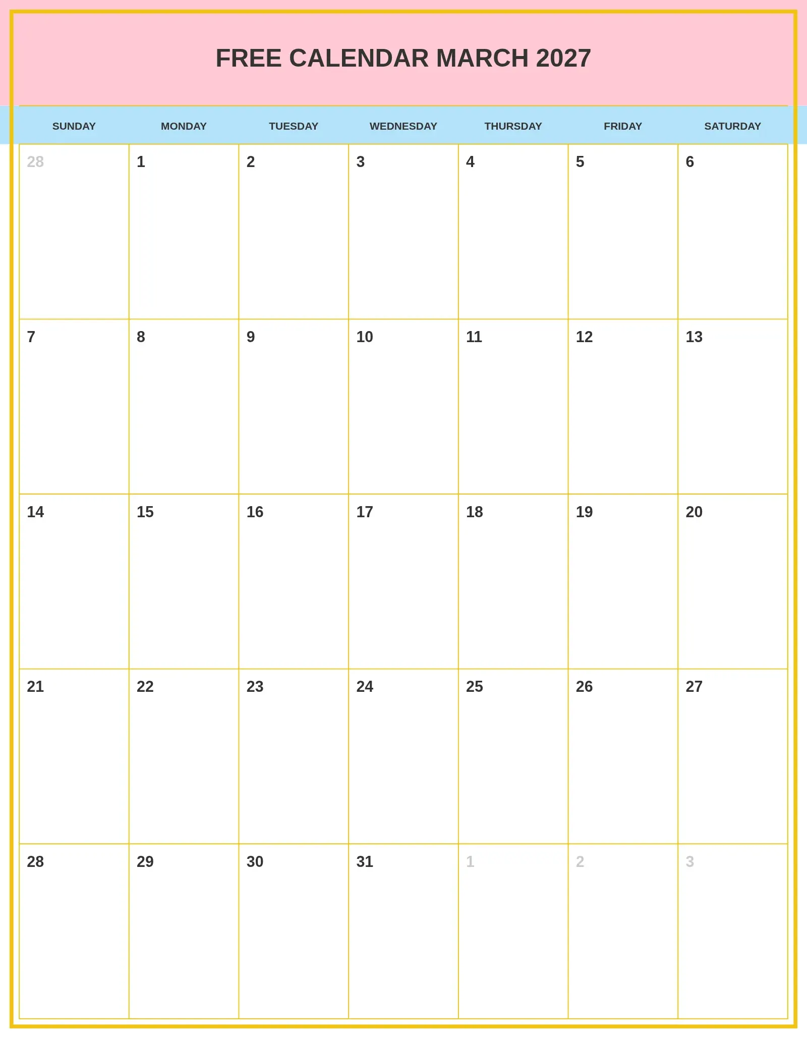 Free Calendar March 2027 With Portrait Template