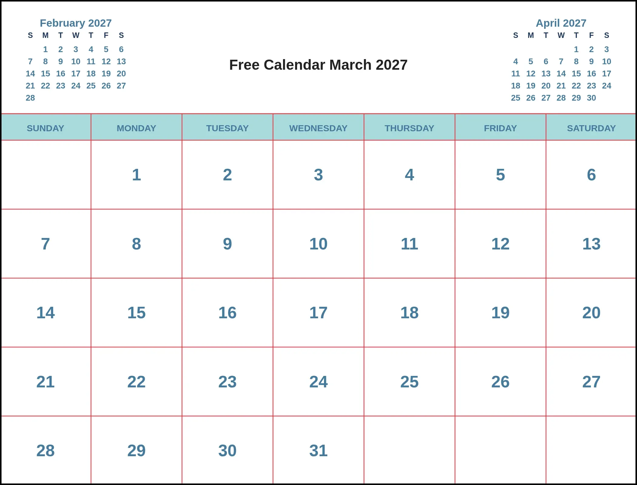 Free Calendar March 2027 With Three Month View