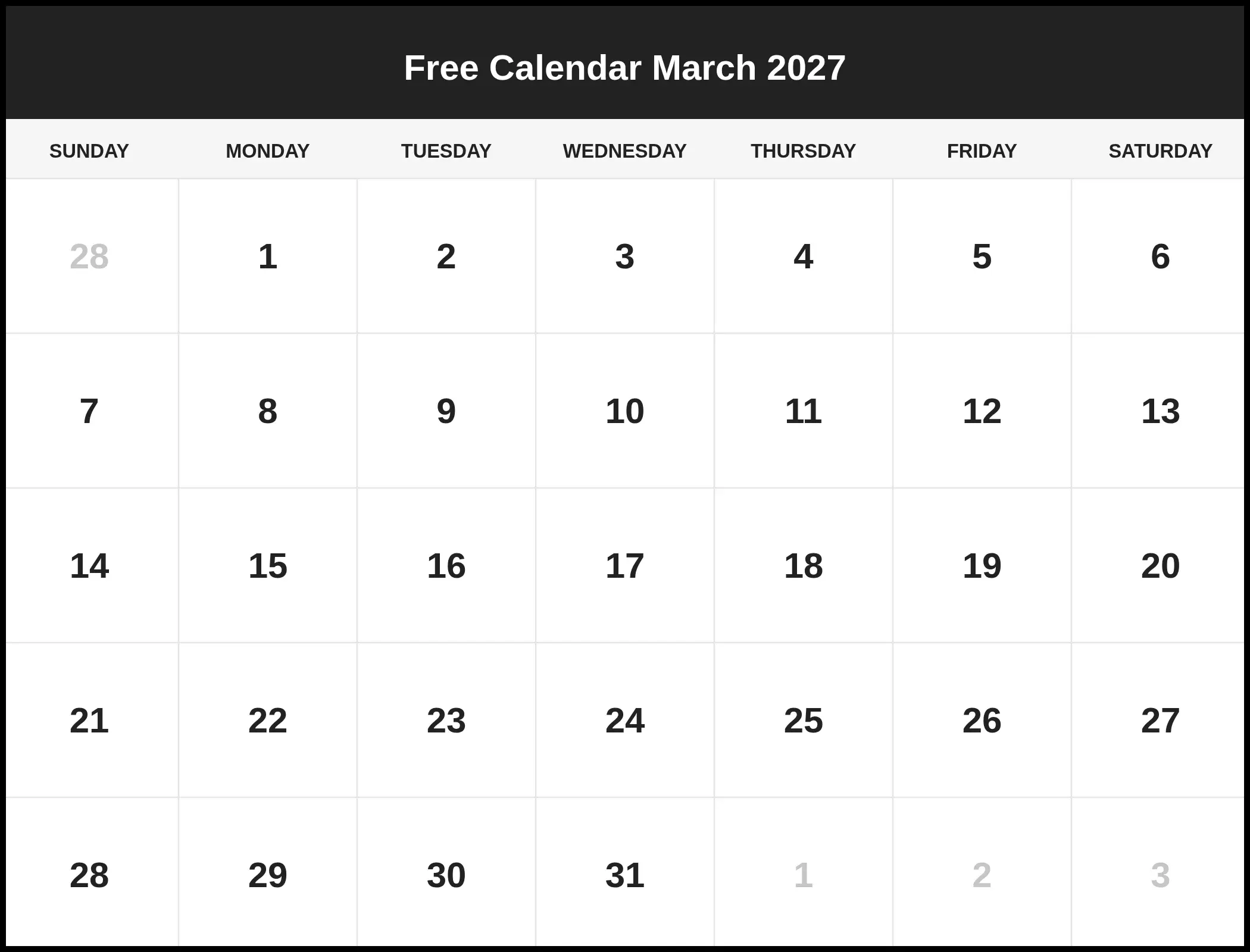 Free Calendar March 2027