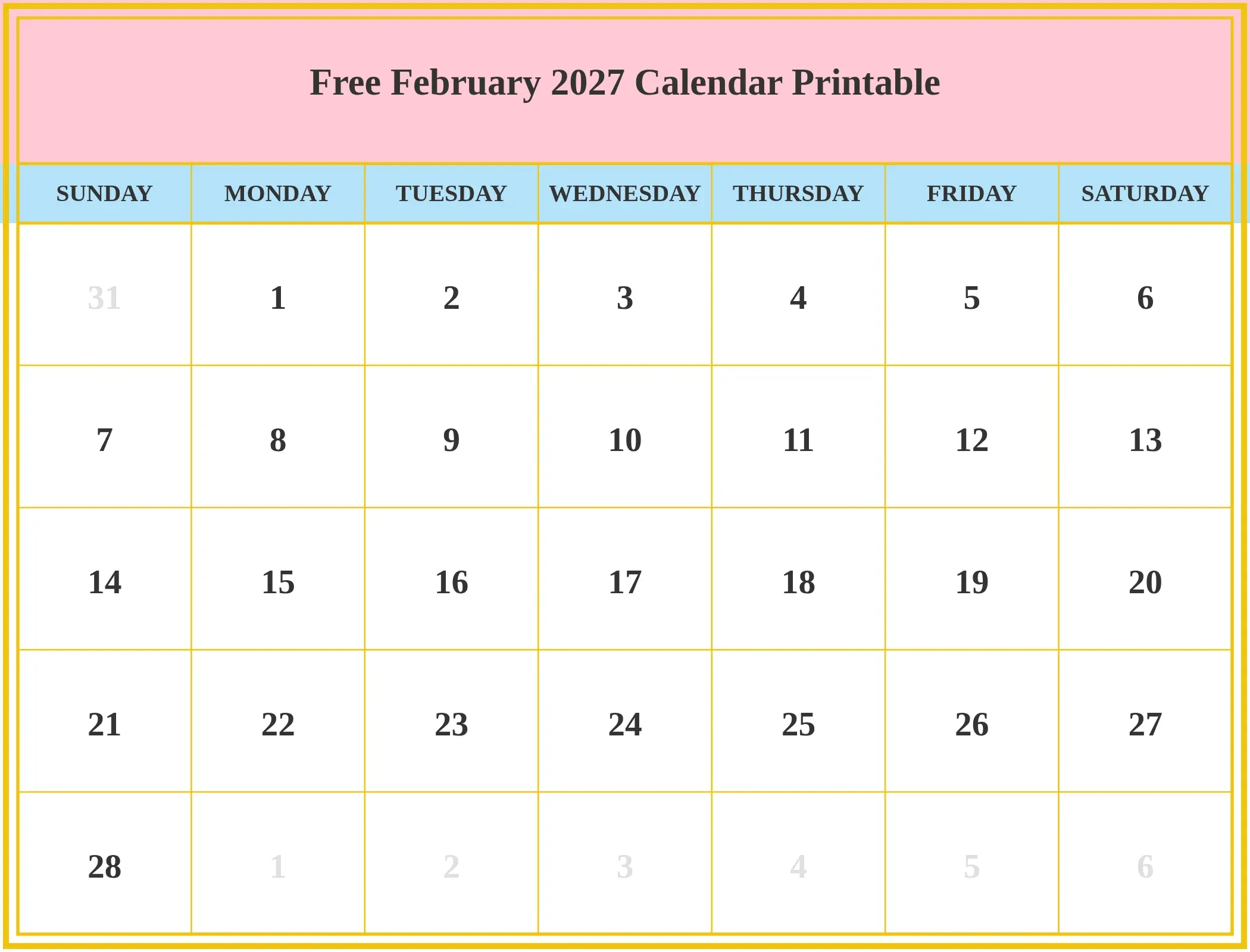 Free February 2027 Calendar Printable Download Landscape Free February 2027 Calendar Printable Download Landscape