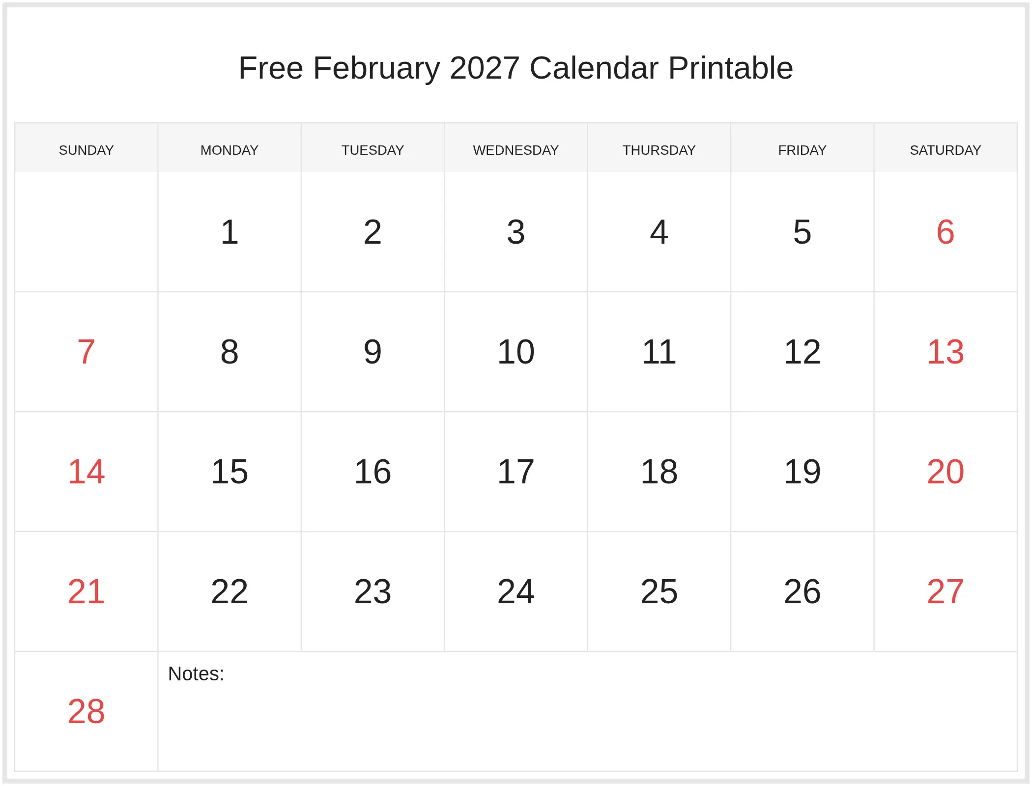 Free February 2027 Calendar Printable with Notes Bottom Landscape Free February 2027 Calendar Printable with Notes Bottom Landscape