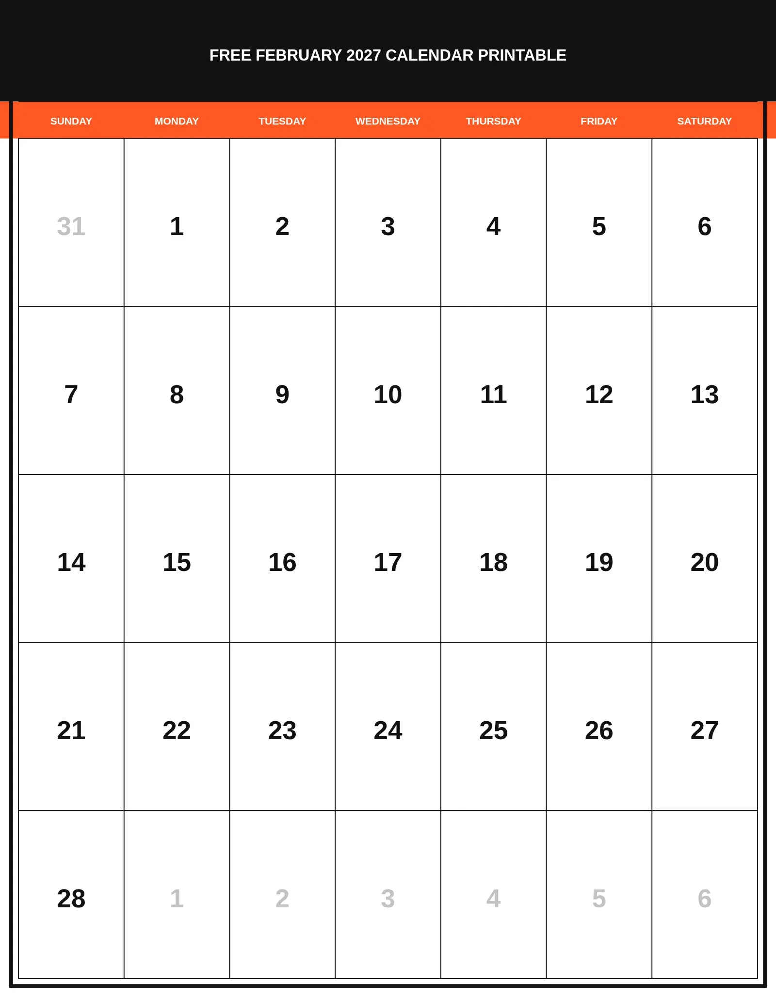 Free February 2027 Calendar Printable With Portrait Template Free February 2027 Calendar Printable With Portrait Template