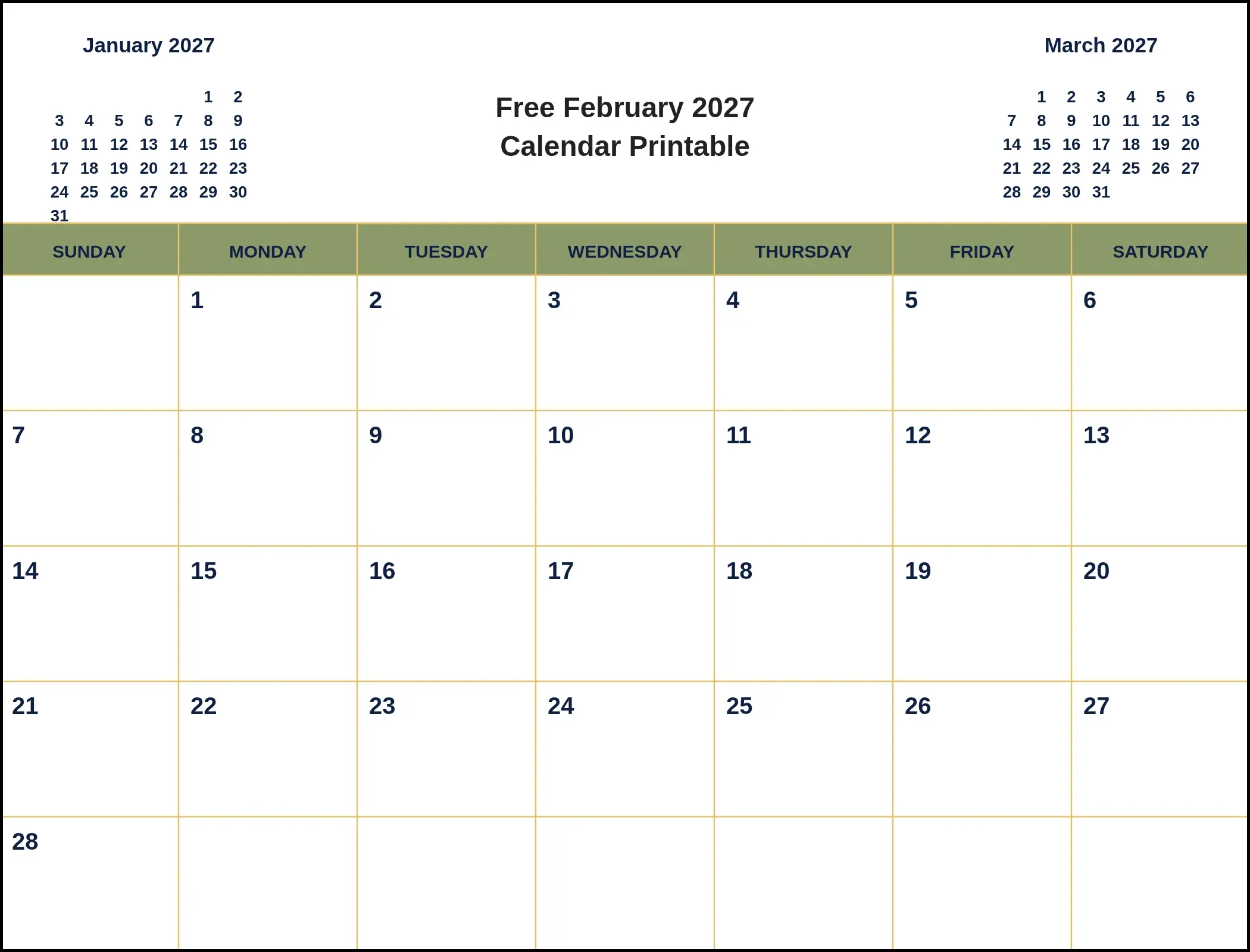 Free February 2027 Calendar Printable With Three Month View Free February 2027 Calendar Printable With Three Month View