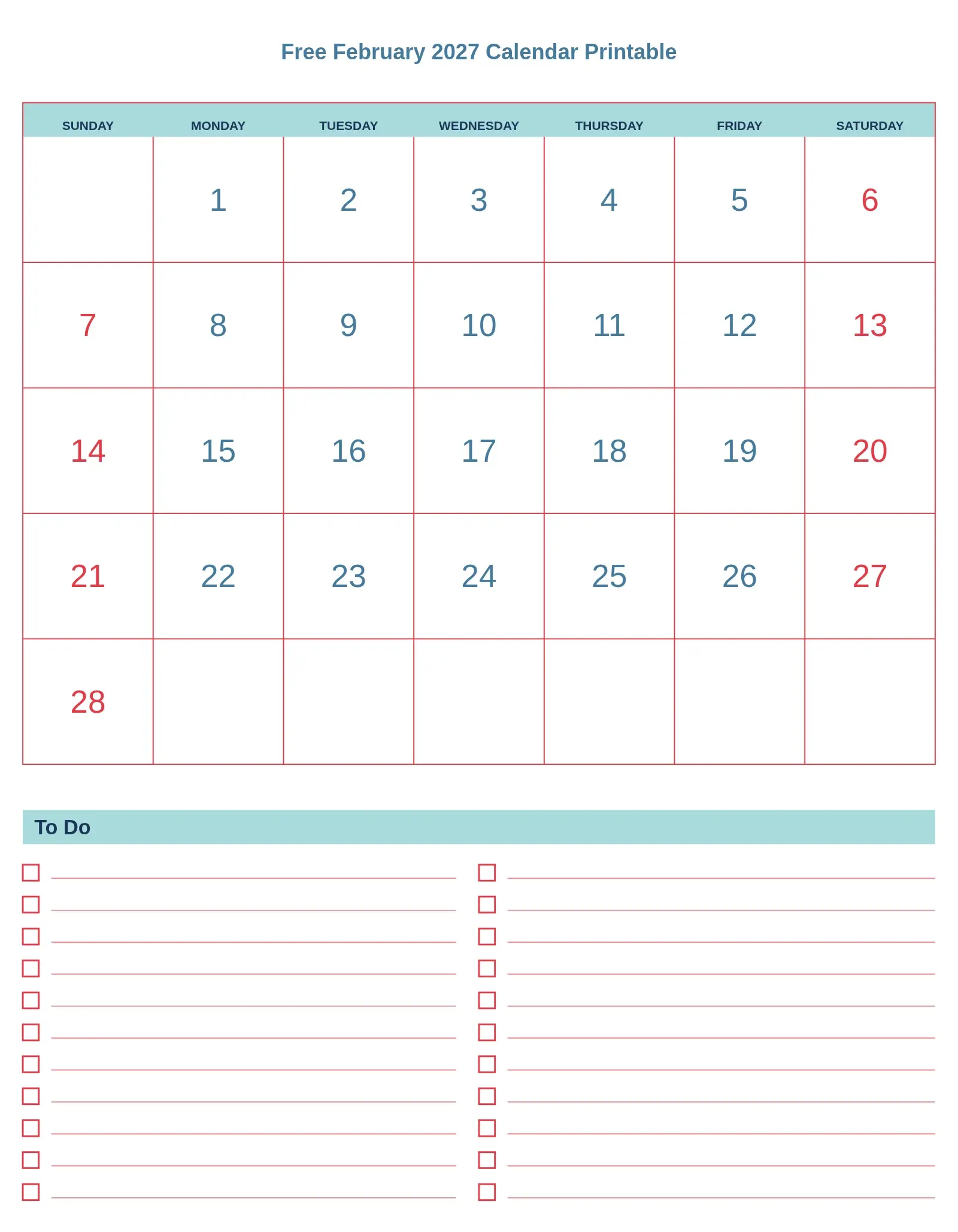 Free February 2027 Calendar Printable With To Do List Bottom Portrait Free February 2027 Calendar Printable With To Do List Bottom Portrait