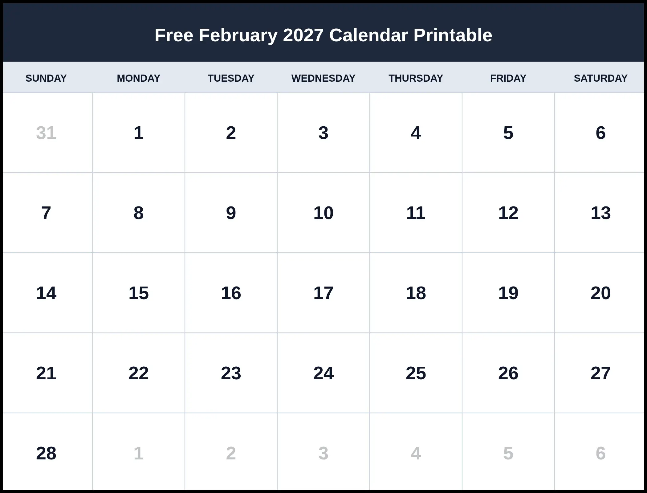 Free February 2027 Calendar Printable Free February 2027 Calendar Printable