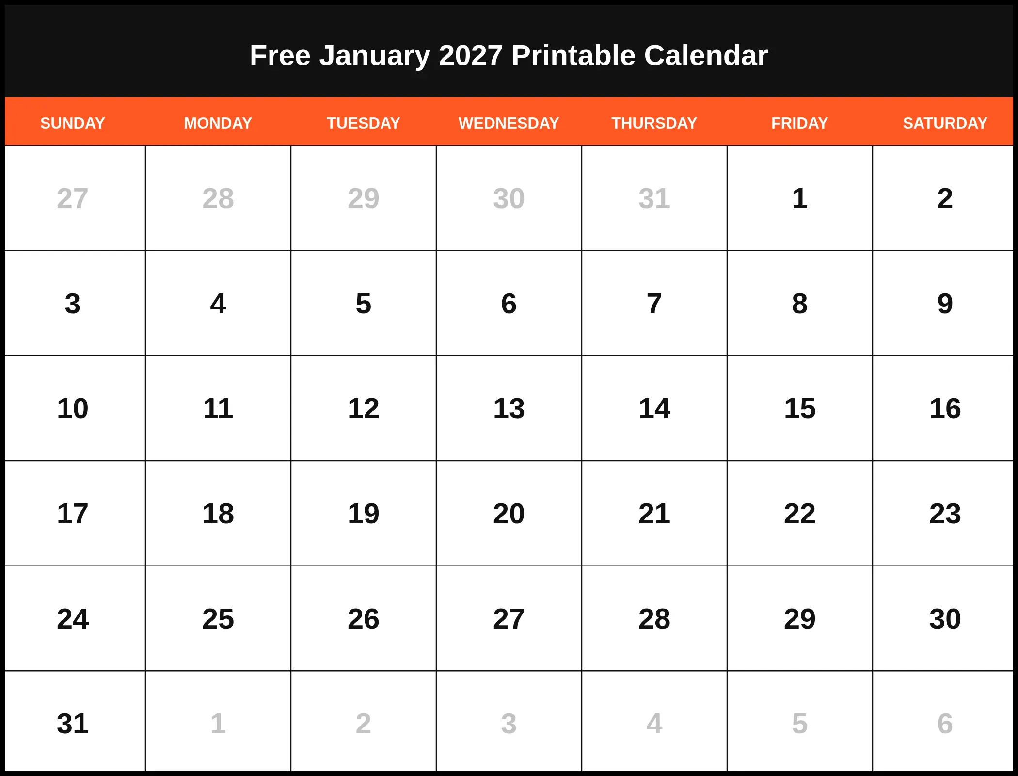 Free January 2027 Printable Calendar Pdf