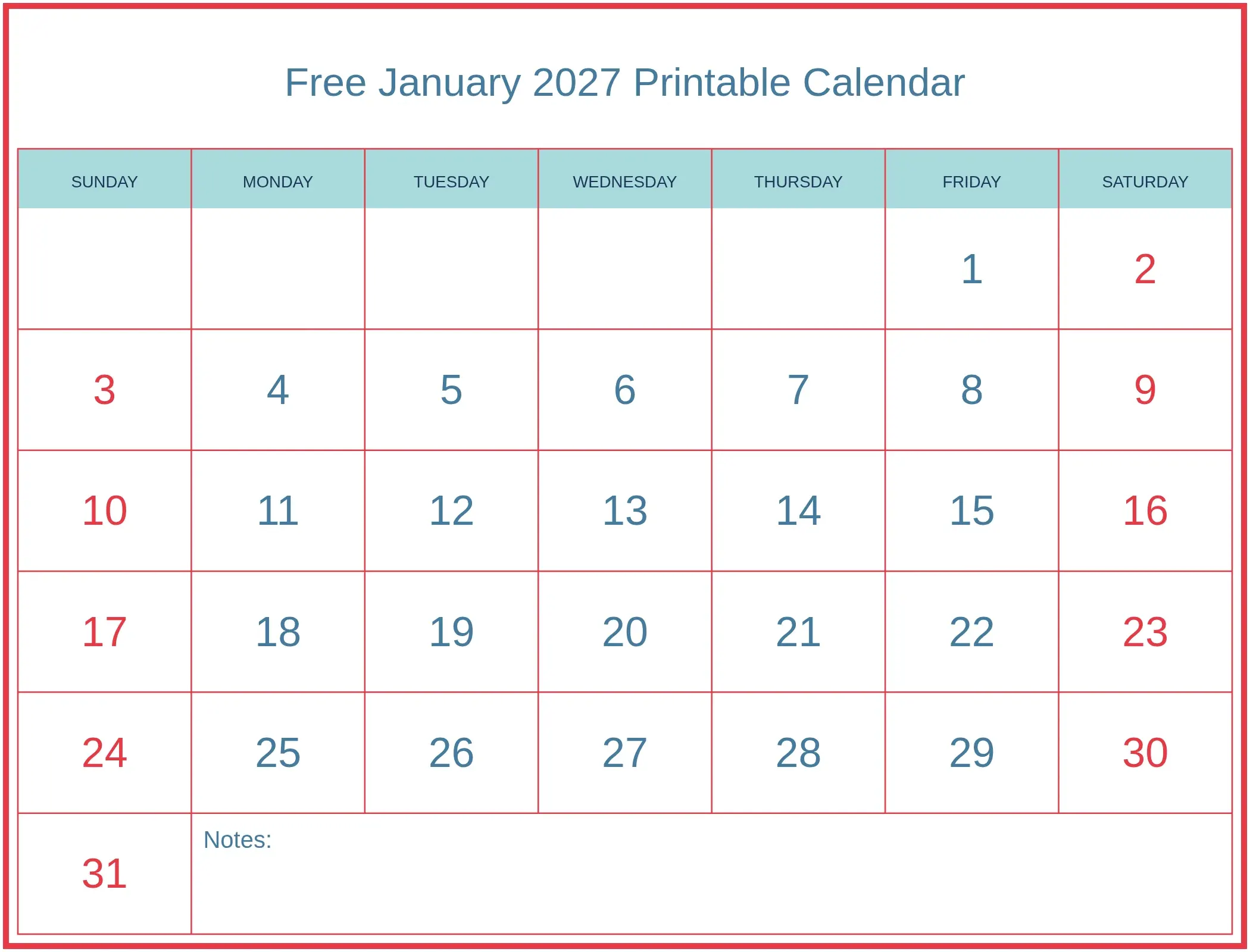 Free January 2027 Printable Calendar with Notes Bottom Landscape