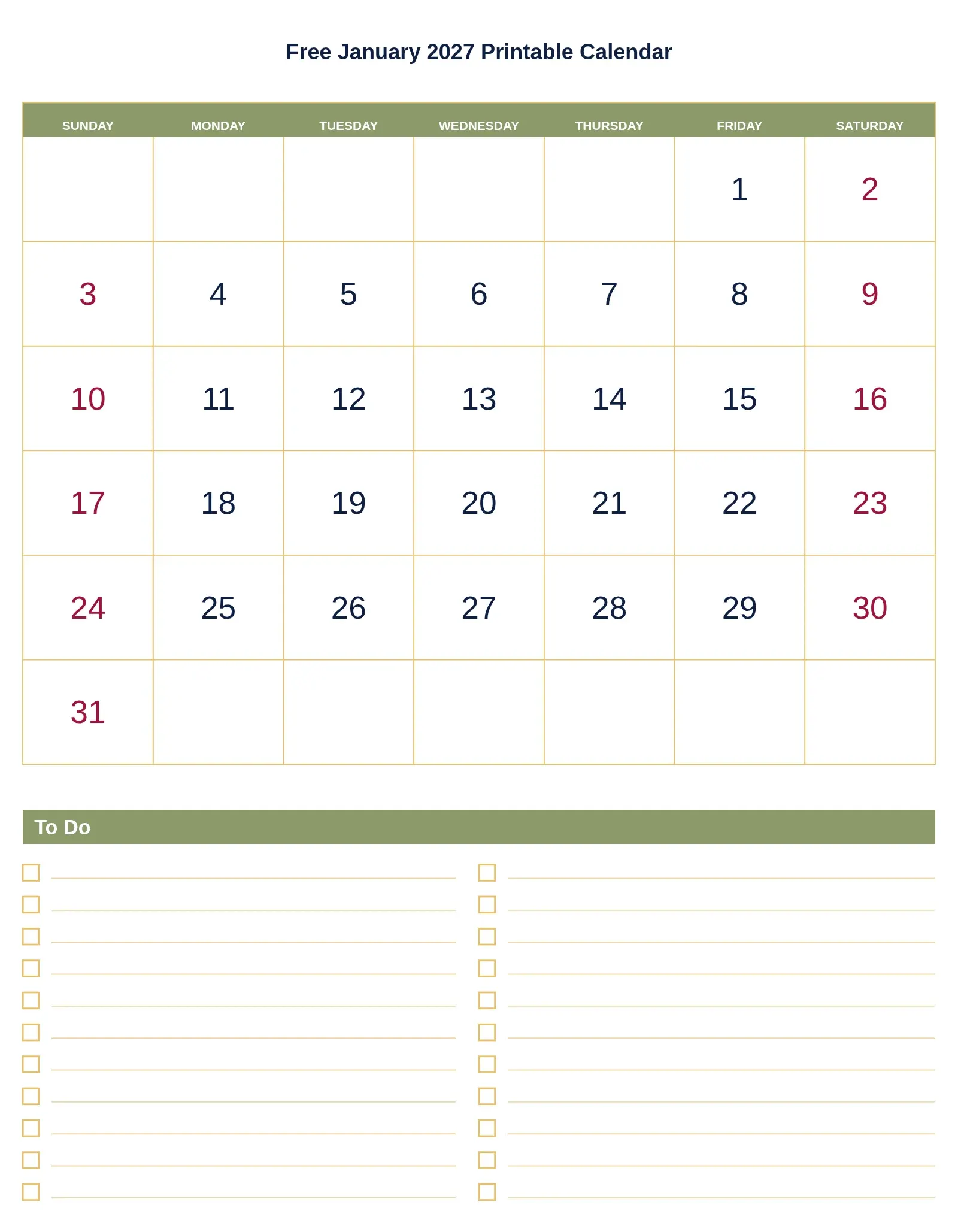 Free January 2027 Printable Calendar With To Do List Bottom Portrait Free January 2027 Printable Calendar With To Do List Bottom Portrait