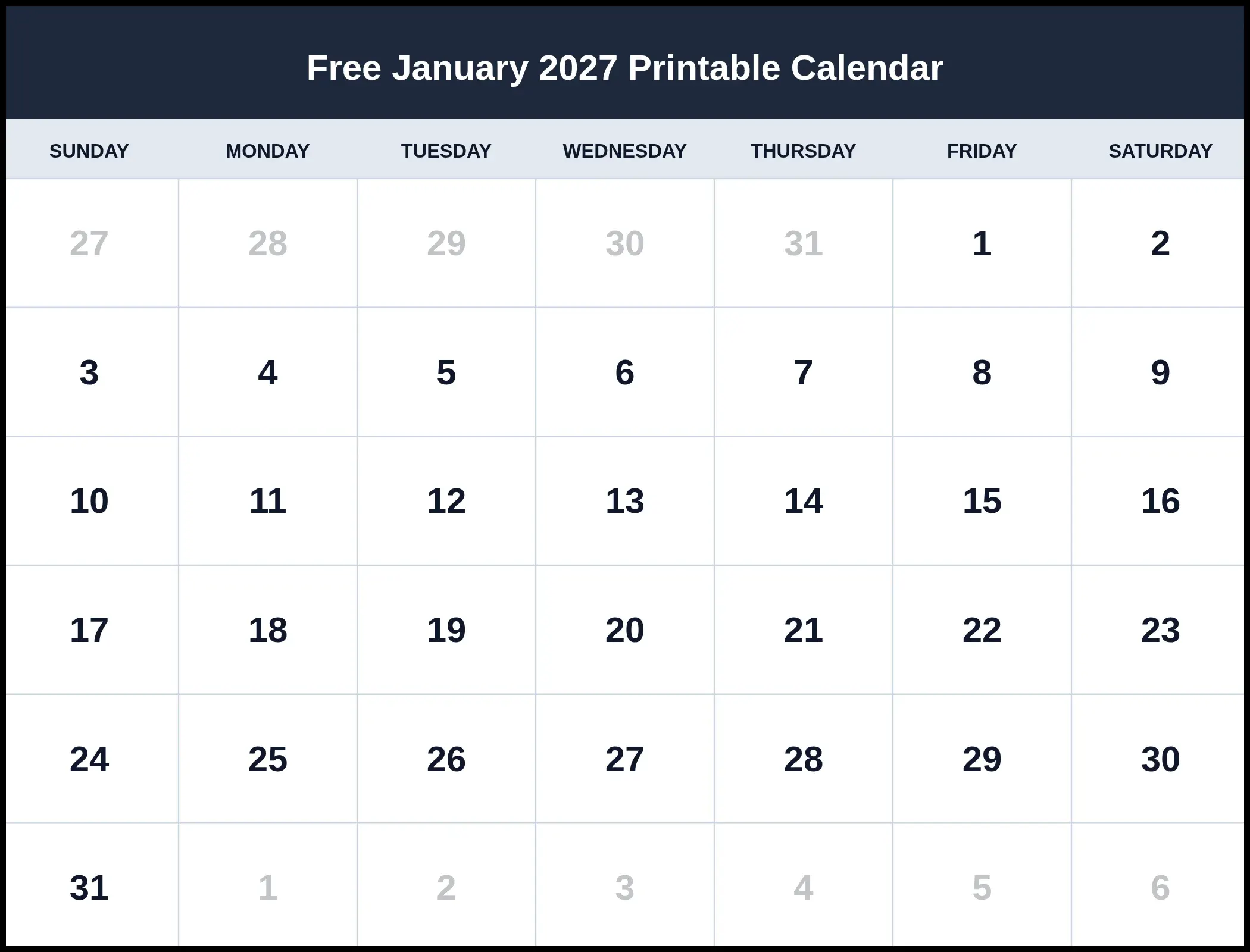 Free January 2027 Printable Calendar