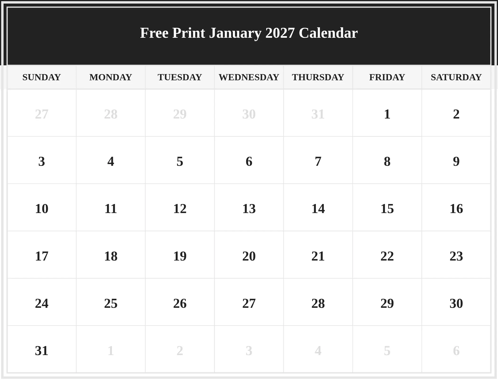 Free Print January 2027 Calendar Download Landscape Free Print January 2027 Calendar Download Landscape