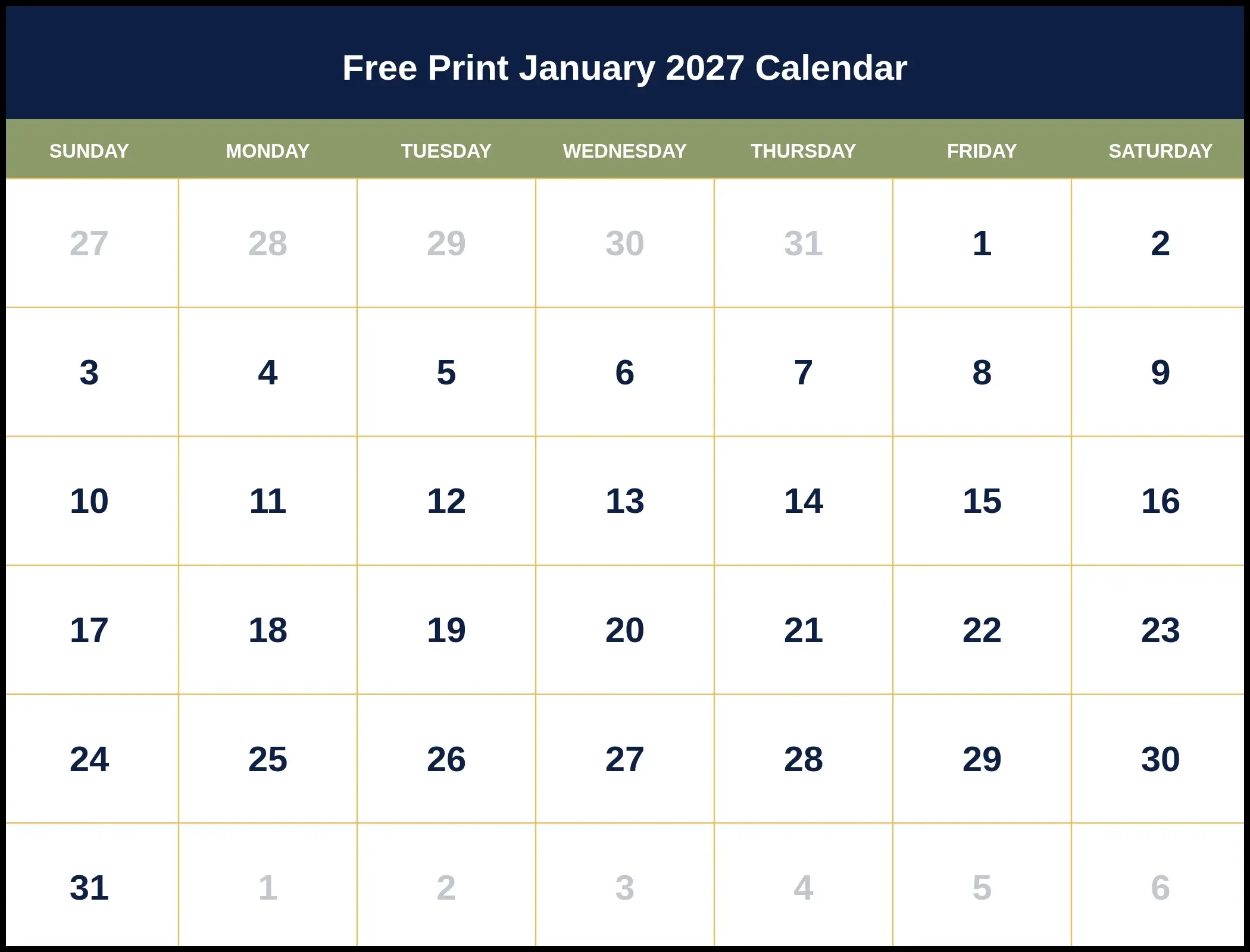 Free Print January 2027 Calendar Pdf